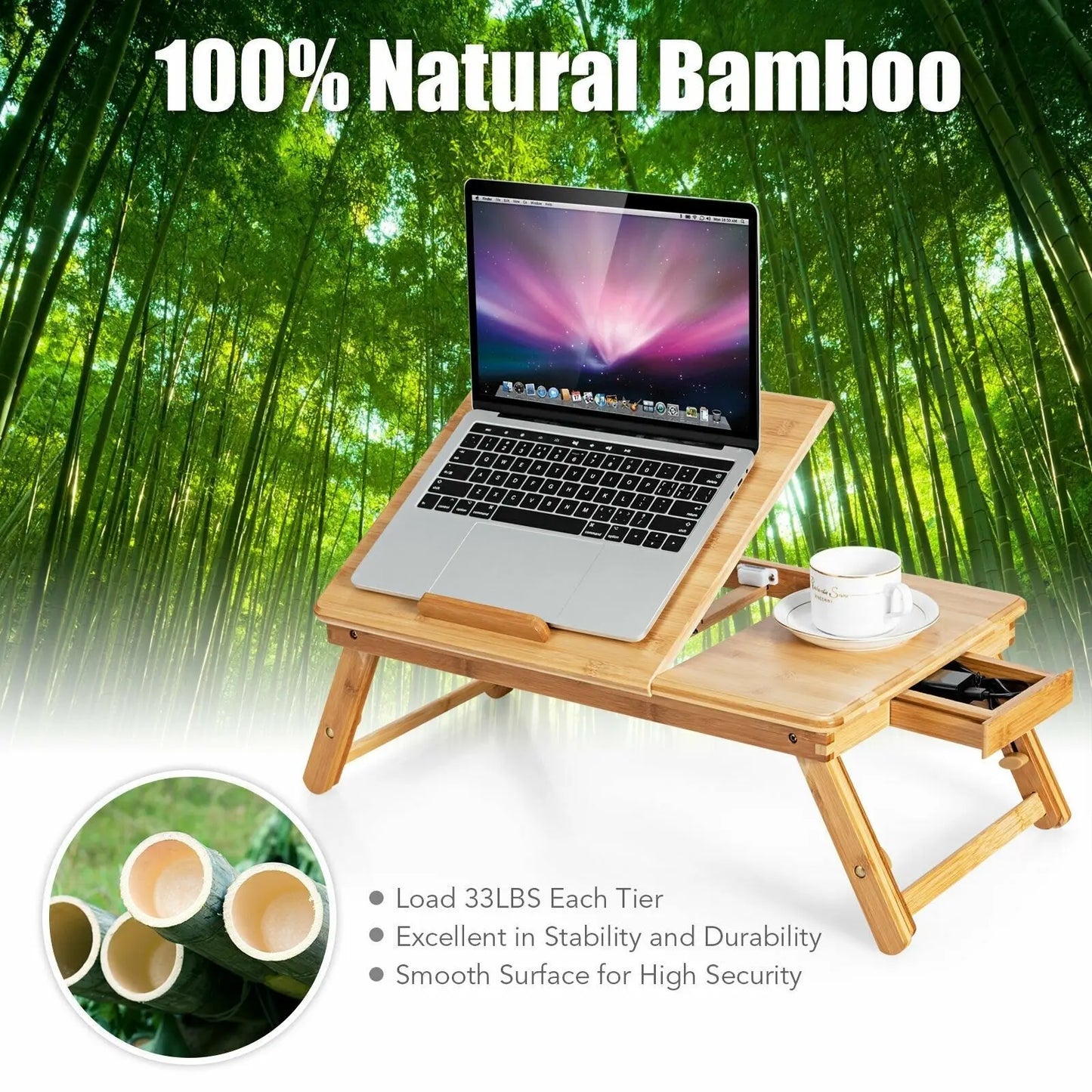 Adjustable Bamboo Laptop Desk with Tilting Top and Drawer-Brown Direct by Wilsons Home Store