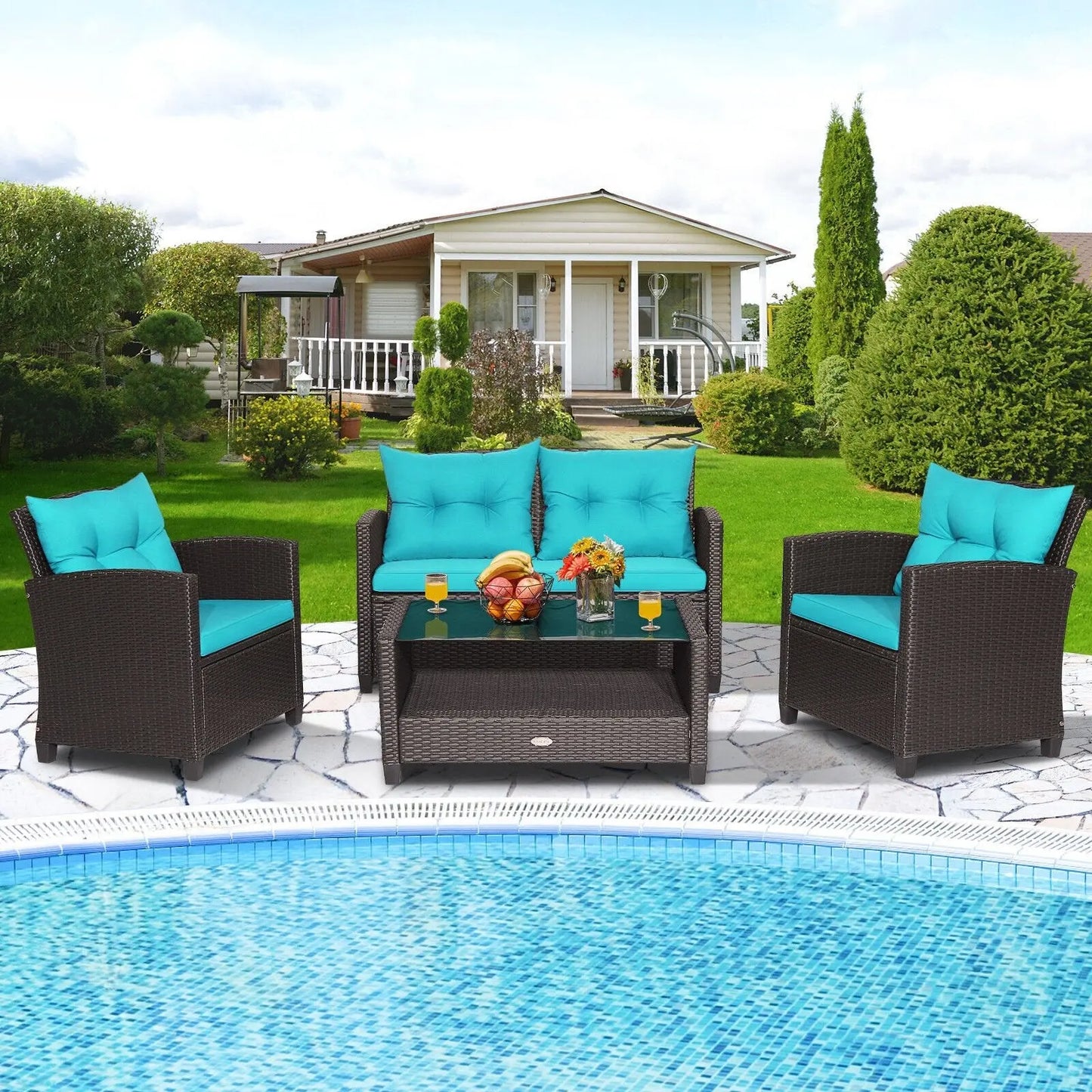 4 Pieces Outdoor Rattan Armrest Furniture Set Table with Lower Shelf-Beige Direct by Wilsons Home Store