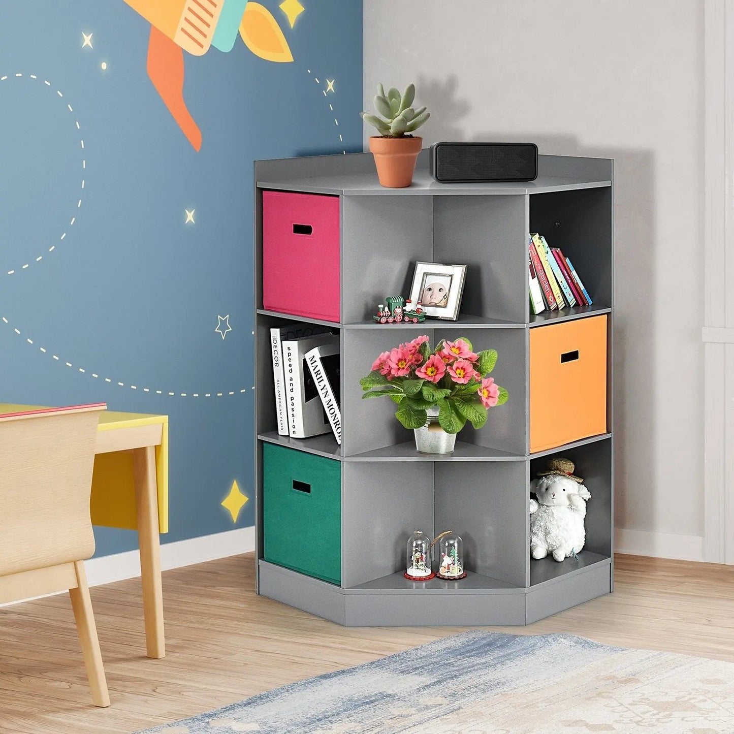 3-Tier Kids Storage Shelf Corner Cabinet with 3 Baskets-Brown Direct by Wilsons Home Store