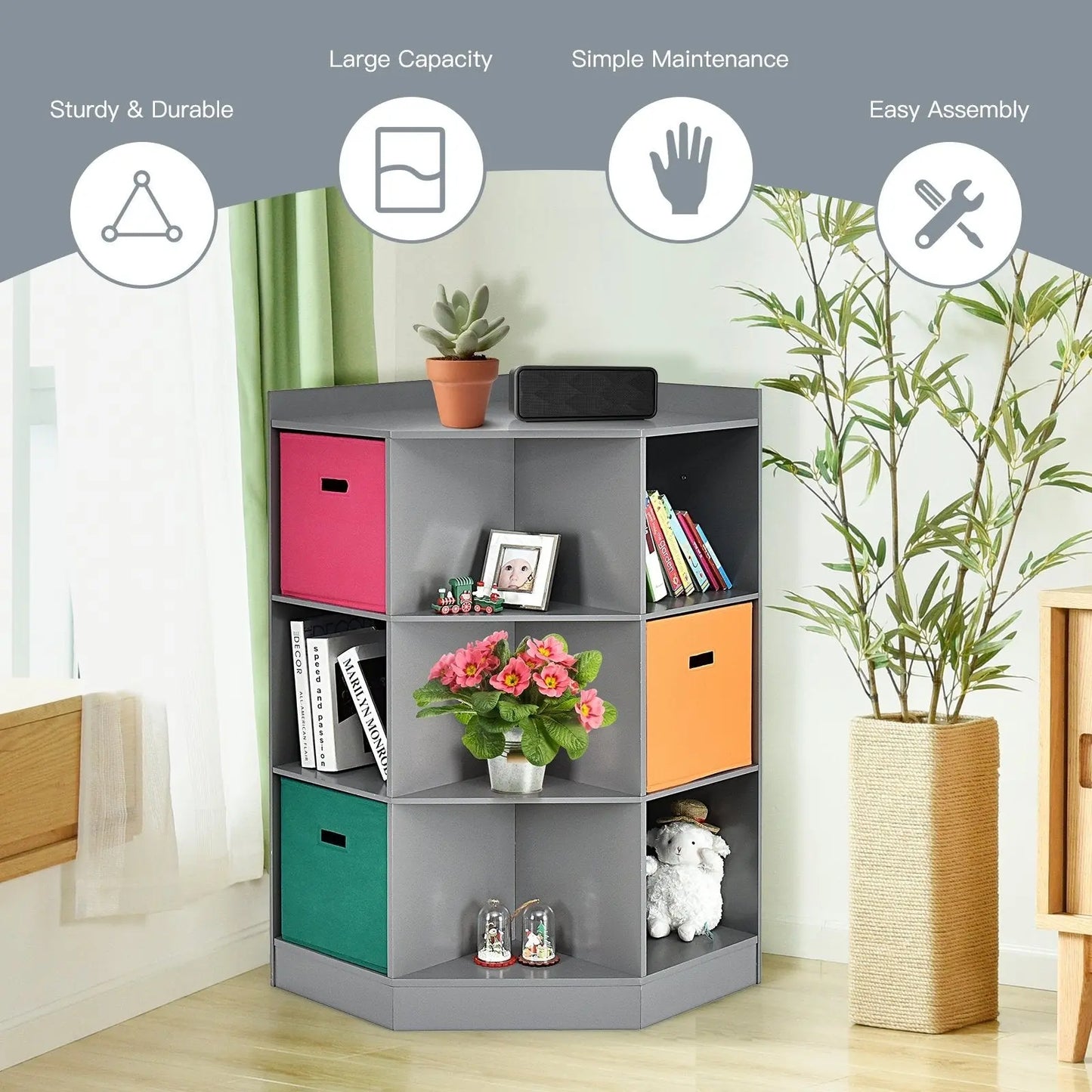 3-Tier Kids Storage Shelf Corner Cabinet with 3 Baskets-Brown Direct by Wilsons Home Store