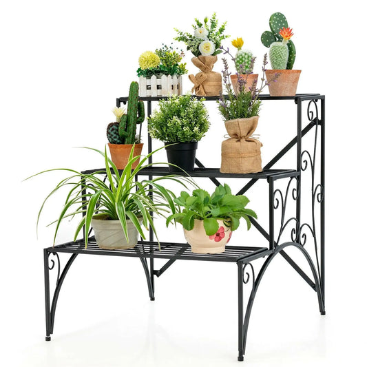 3-Tier Metal Plant Stand with Widened Grid Shelf for Porch Garden-Black Direct by Wilsons Home Store