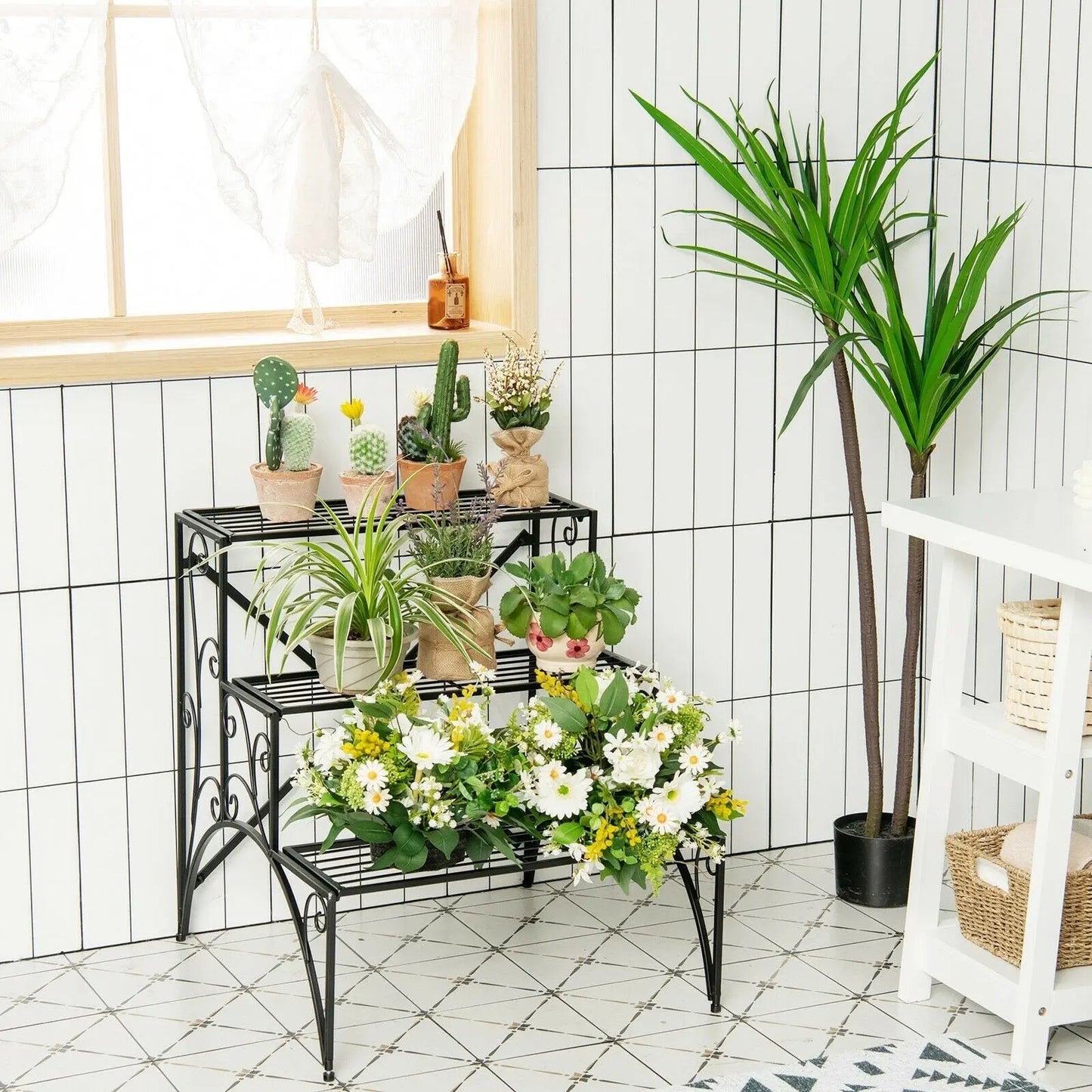 3-Tier Metal Plant Stand with Widened Grid Shelf for Porch Garden-Black Direct by Wilsons Home Store