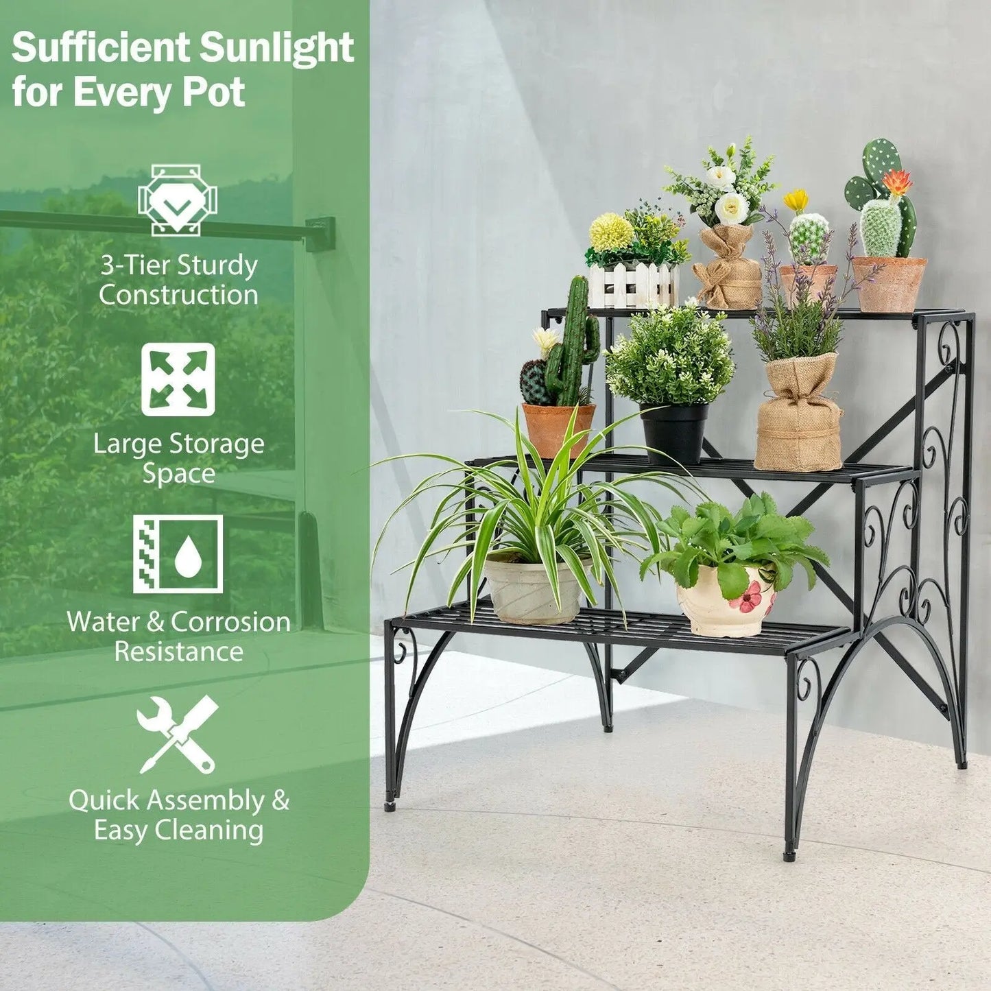 3-Tier Metal Plant Stand with Widened Grid Shelf for Porch Garden-Black Direct by Wilsons Home Store