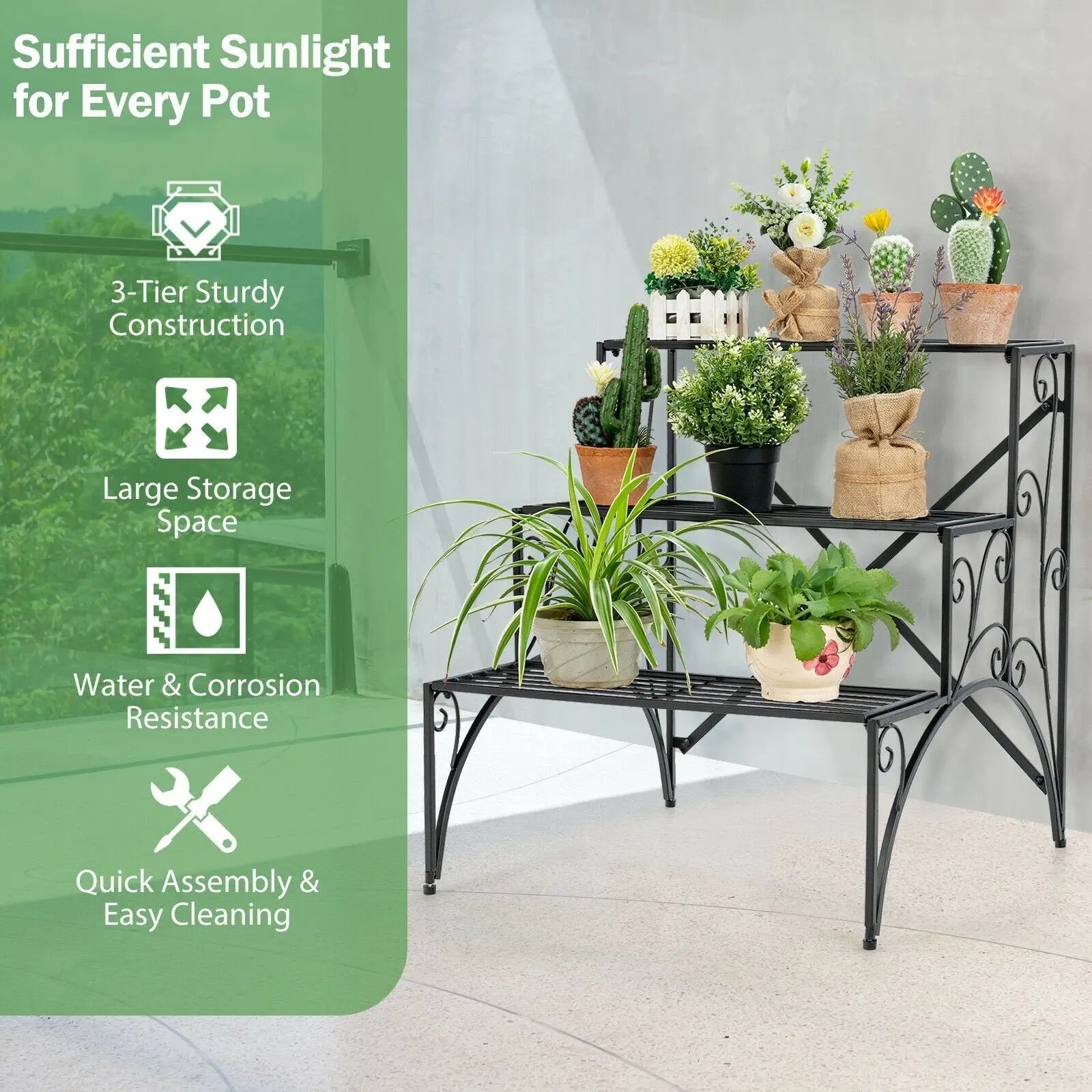 3-Tier Metal Plant Stand with Widened Grid Shelf for Porch Garden-Black Direct by Wilsons Home Store