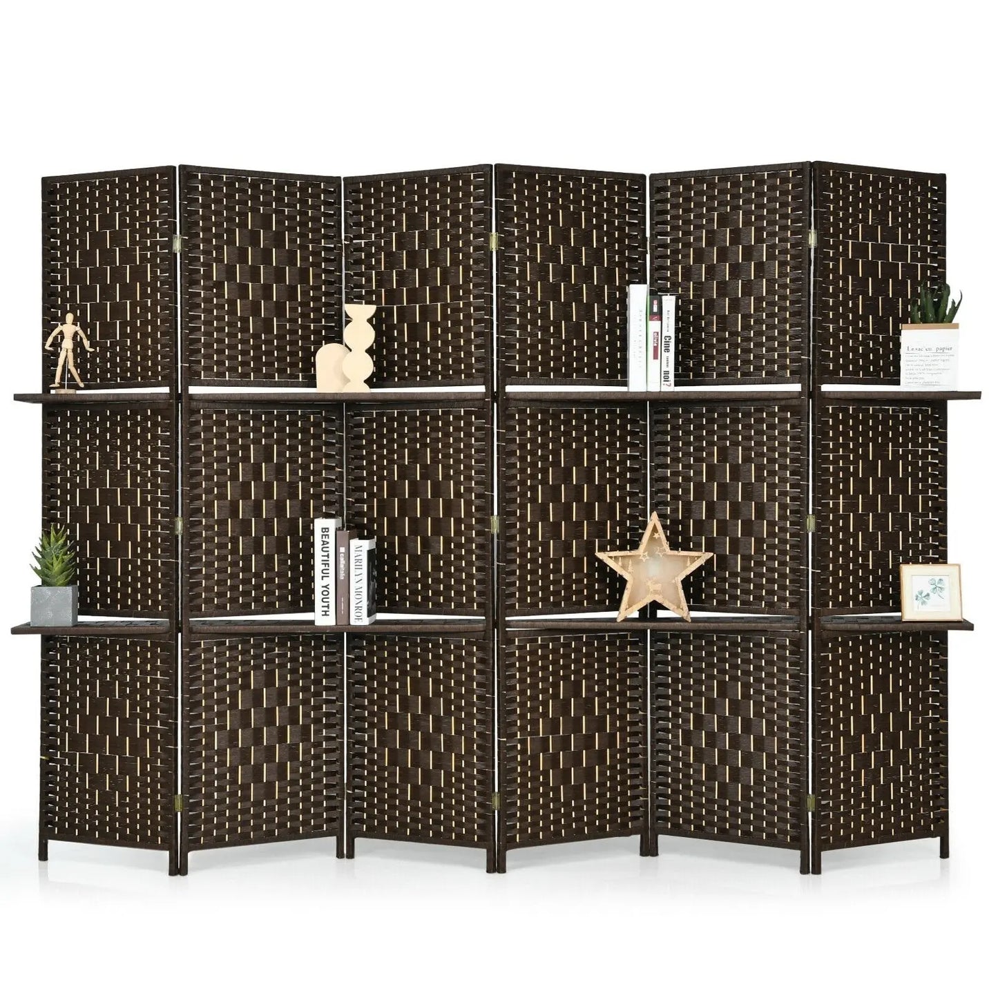 6 Panel Folding Weave Fiber Room Divider with 2 Display Shelves -Black Direct by Wilsons Home Store