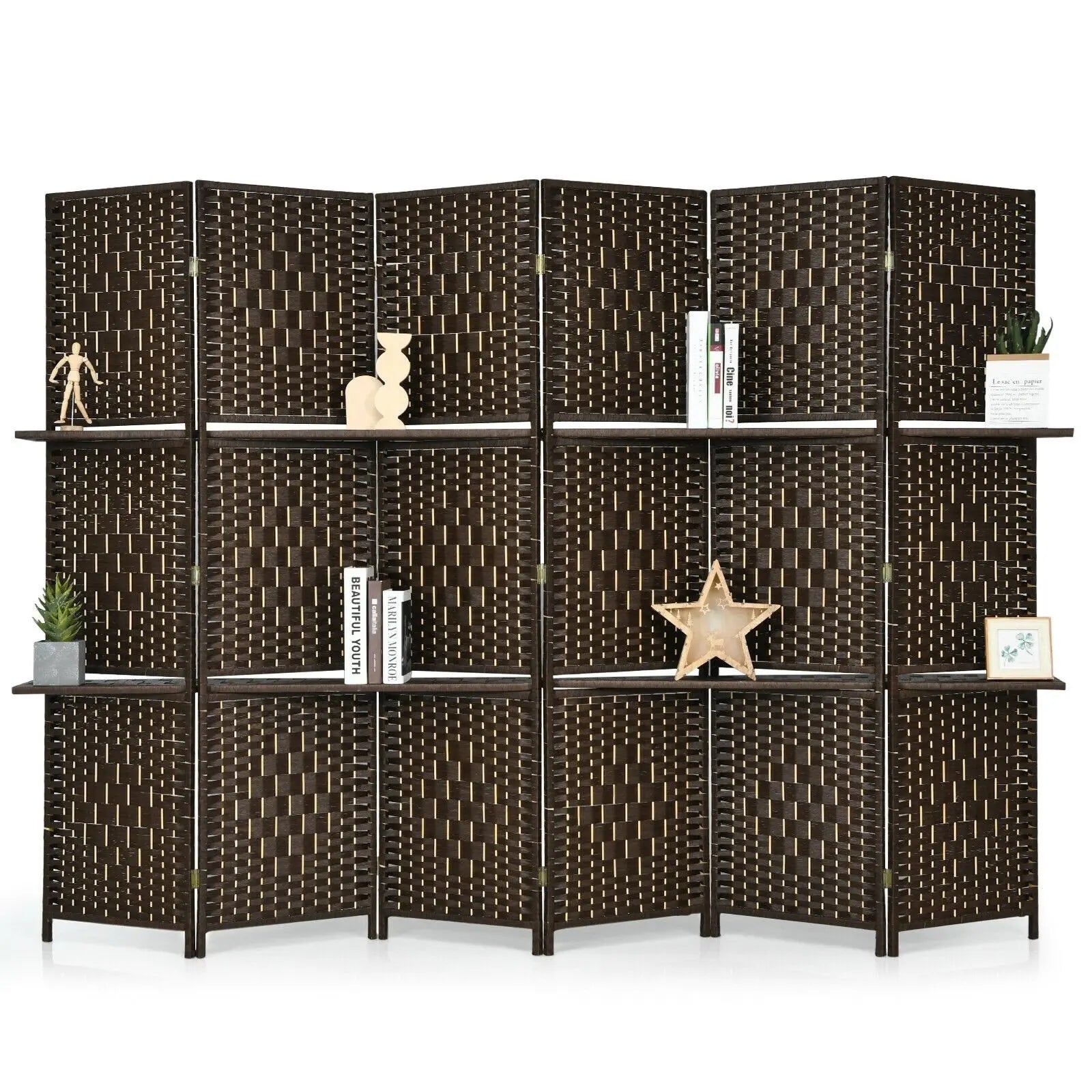 6 Panel Folding Weave Fiber Room Divider with 2 Display Shelves -Black Direct by Wilsons Home Store