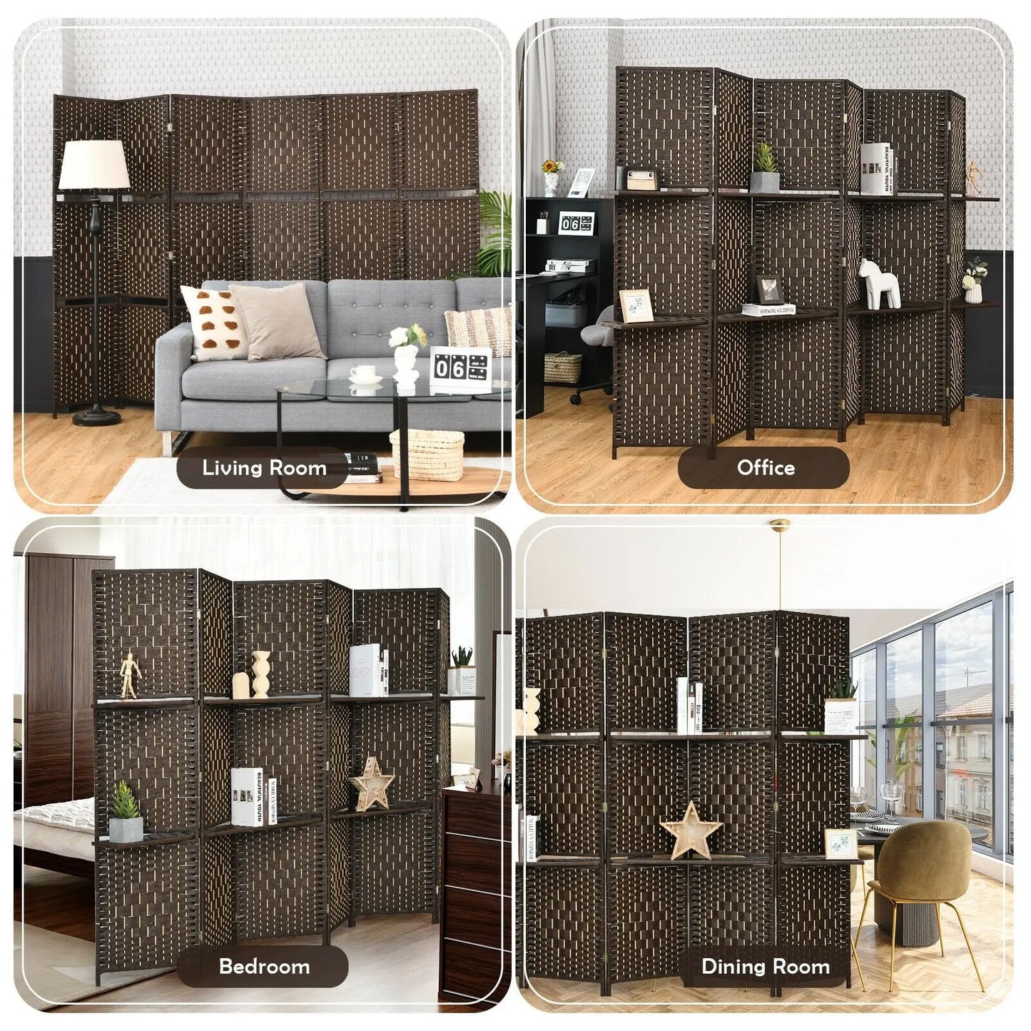 6 Panel Folding Weave Fiber Room Divider with 2 Display Shelves -Black Direct by Wilsons Home Store