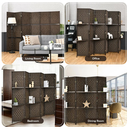 6 Panel Folding Weave Fiber Room Divider with 2 Display Shelves -Black Direct by Wilsons Home Store