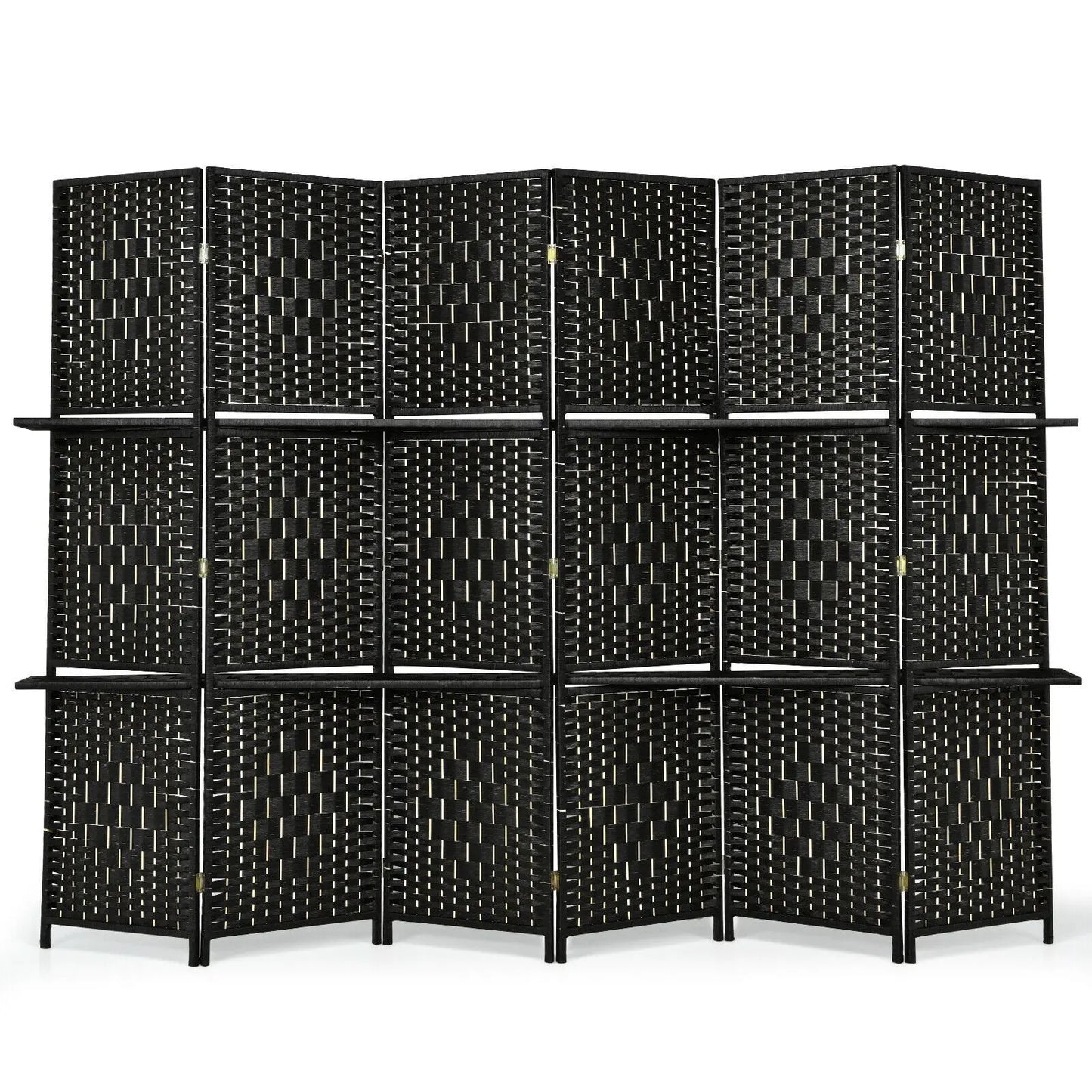 6 Panel Folding Weave Fiber Room Divider with 2 Display Shelves -Black Direct by Wilsons Home Store