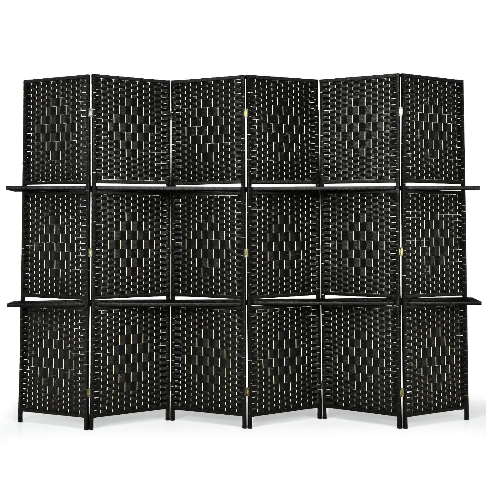 6 Panel Folding Weave Fiber Room Divider with 2 Display Shelves -Black Direct by Wilsons Home Store