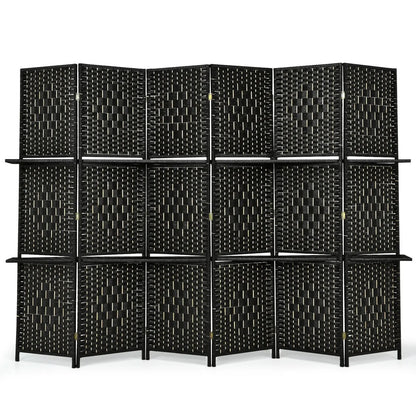 6 Panel Folding Weave Fiber Room Divider with 2 Display Shelves -Black Direct by Wilsons Home Store