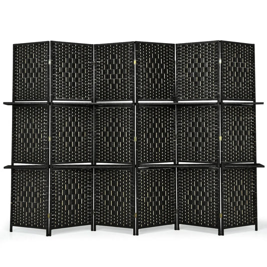 6 Panel Folding Weave Fiber Room Divider with 2 Display Shelves -Black Direct by Wilsons Home Store