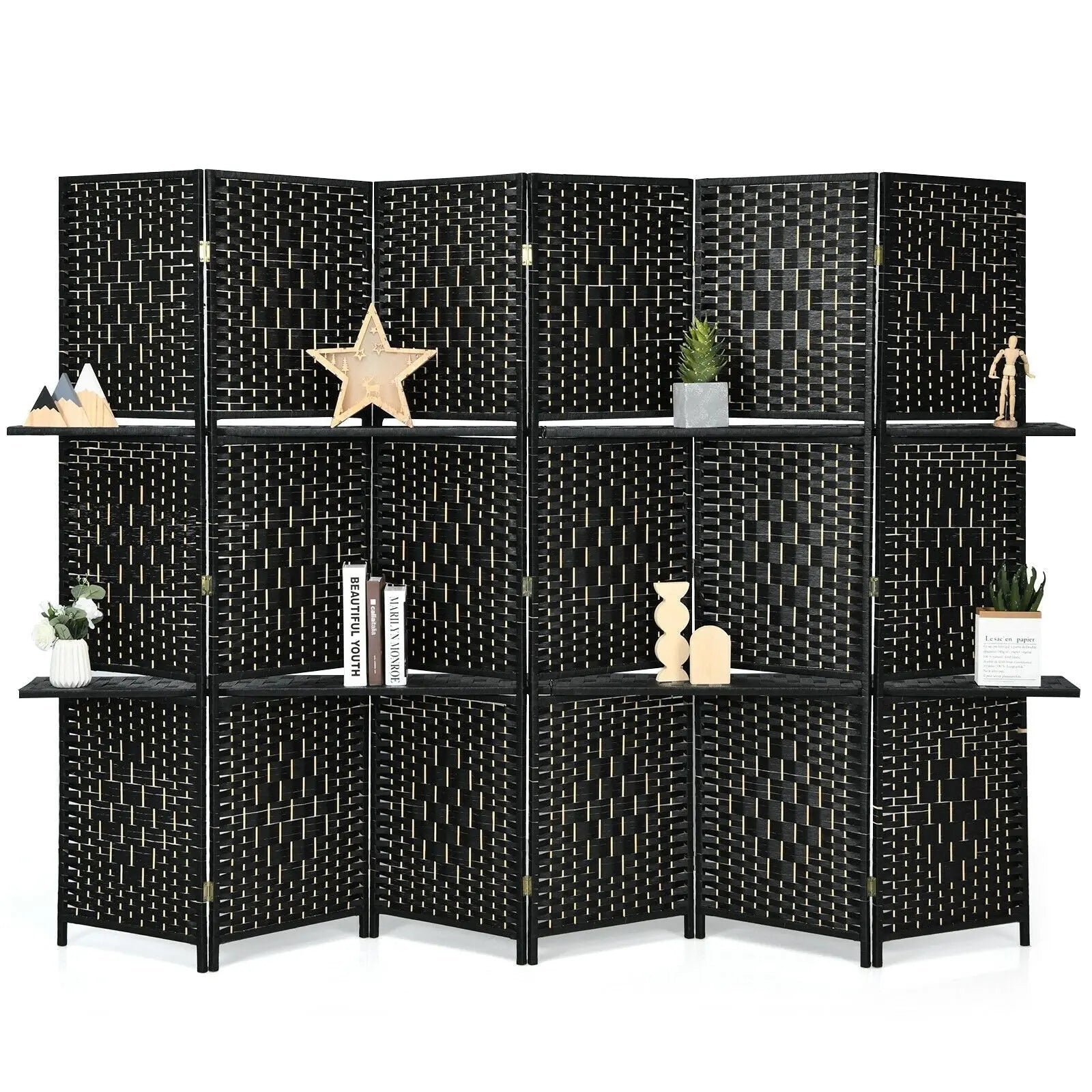 6 Panel Folding Weave Fiber Room Divider with 2 Display Shelves -Black Direct by Wilsons Home Store