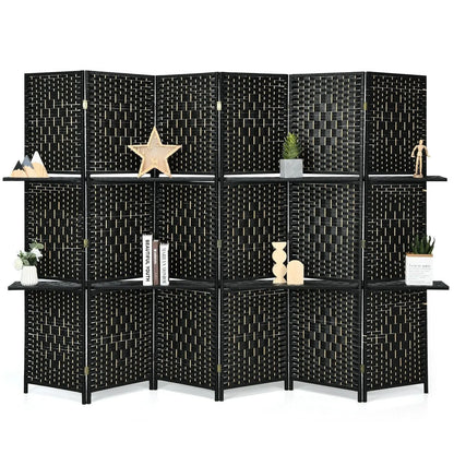 6 Panel Folding Weave Fiber Room Divider with 2 Display Shelves -Black Direct by Wilsons Home Store