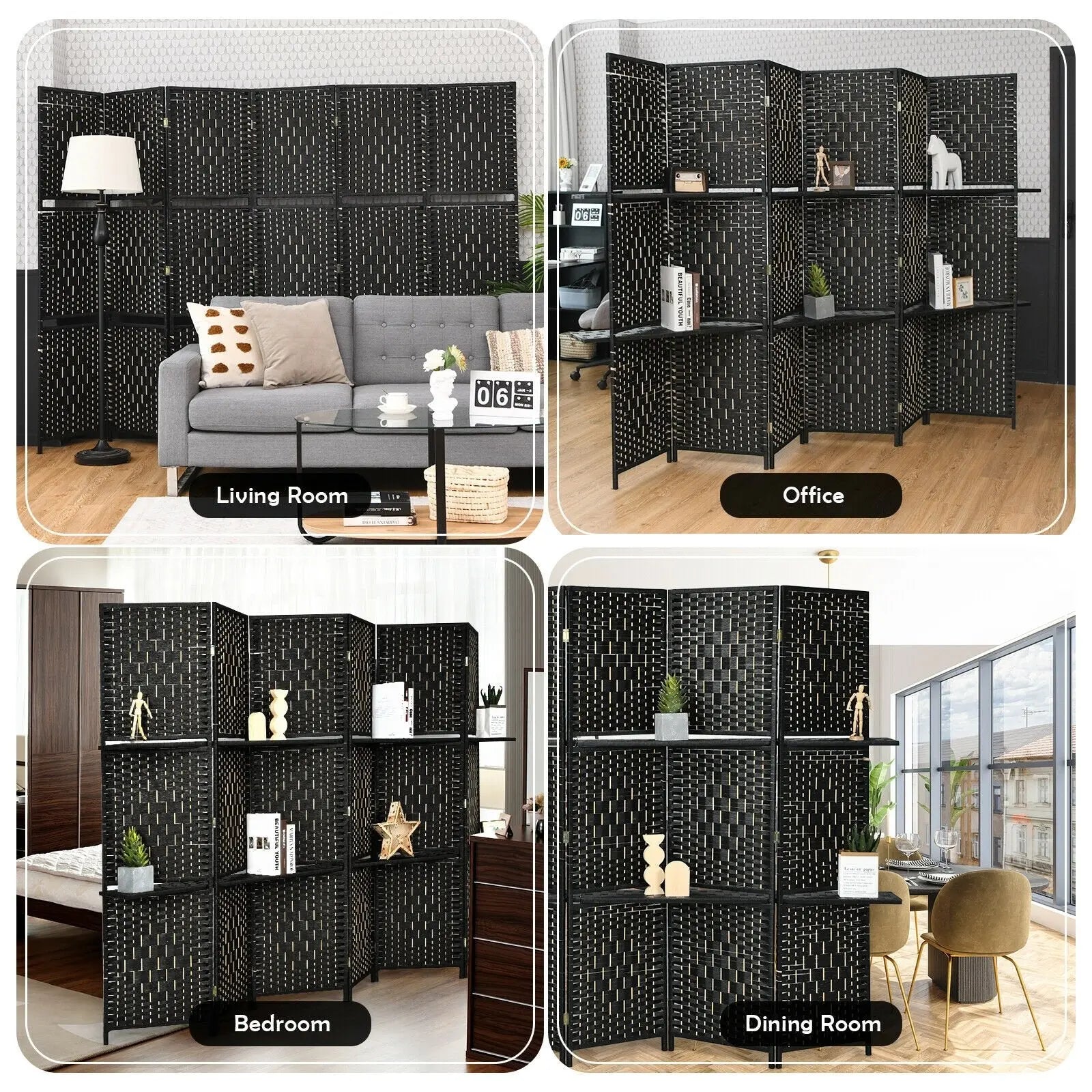 6 Panel Folding Weave Fiber Room Divider with 2 Display Shelves -Black Direct by Wilsons Home Store