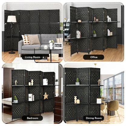 6 Panel Folding Weave Fiber Room Divider with 2 Display Shelves -Black Direct by Wilsons Home Store