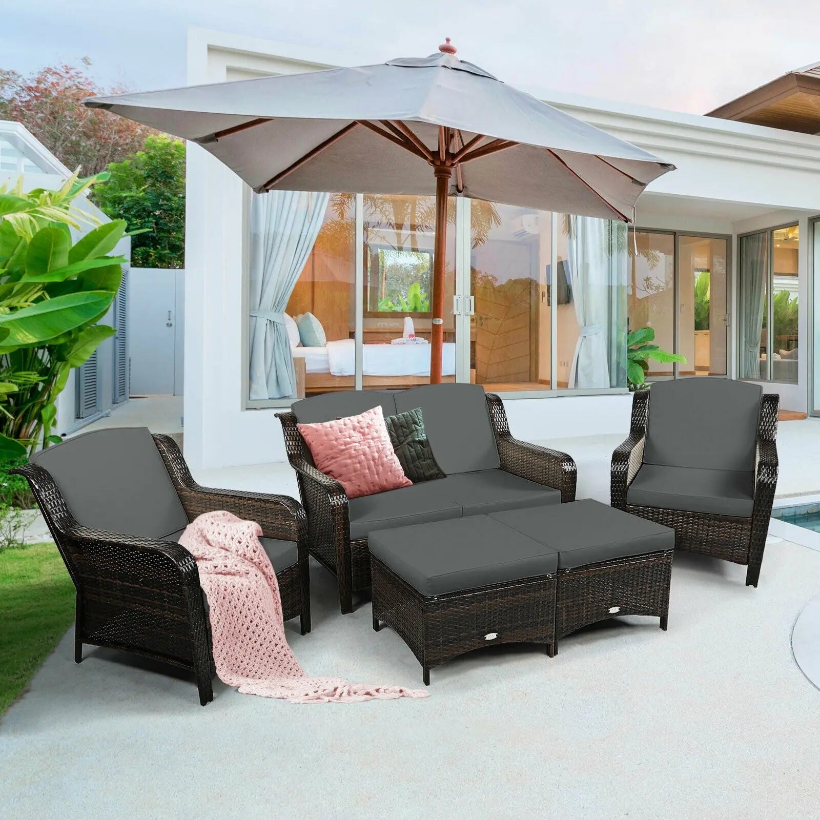5 Pieces Patio Rattan Sofa Set with Cushion and Ottoman-Black Direct by Wilsons Home Store