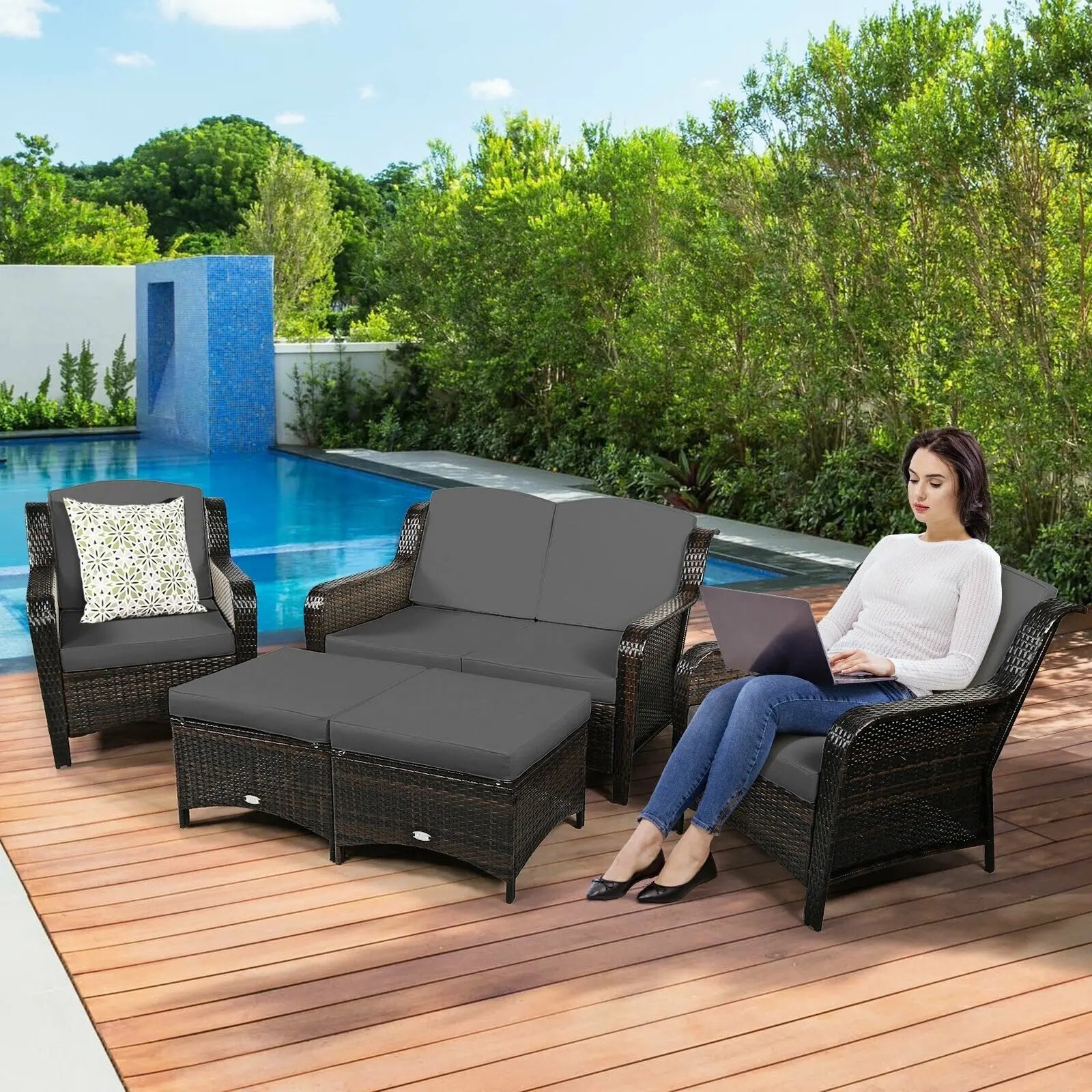 5 Pieces Patio Rattan Sofa Set with Cushion and Ottoman-Black Direct by Wilsons Home Store