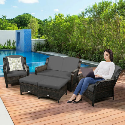 5 Pieces Patio Rattan Sofa Set with Cushion and Ottoman-Black Direct by Wilsons Home Store