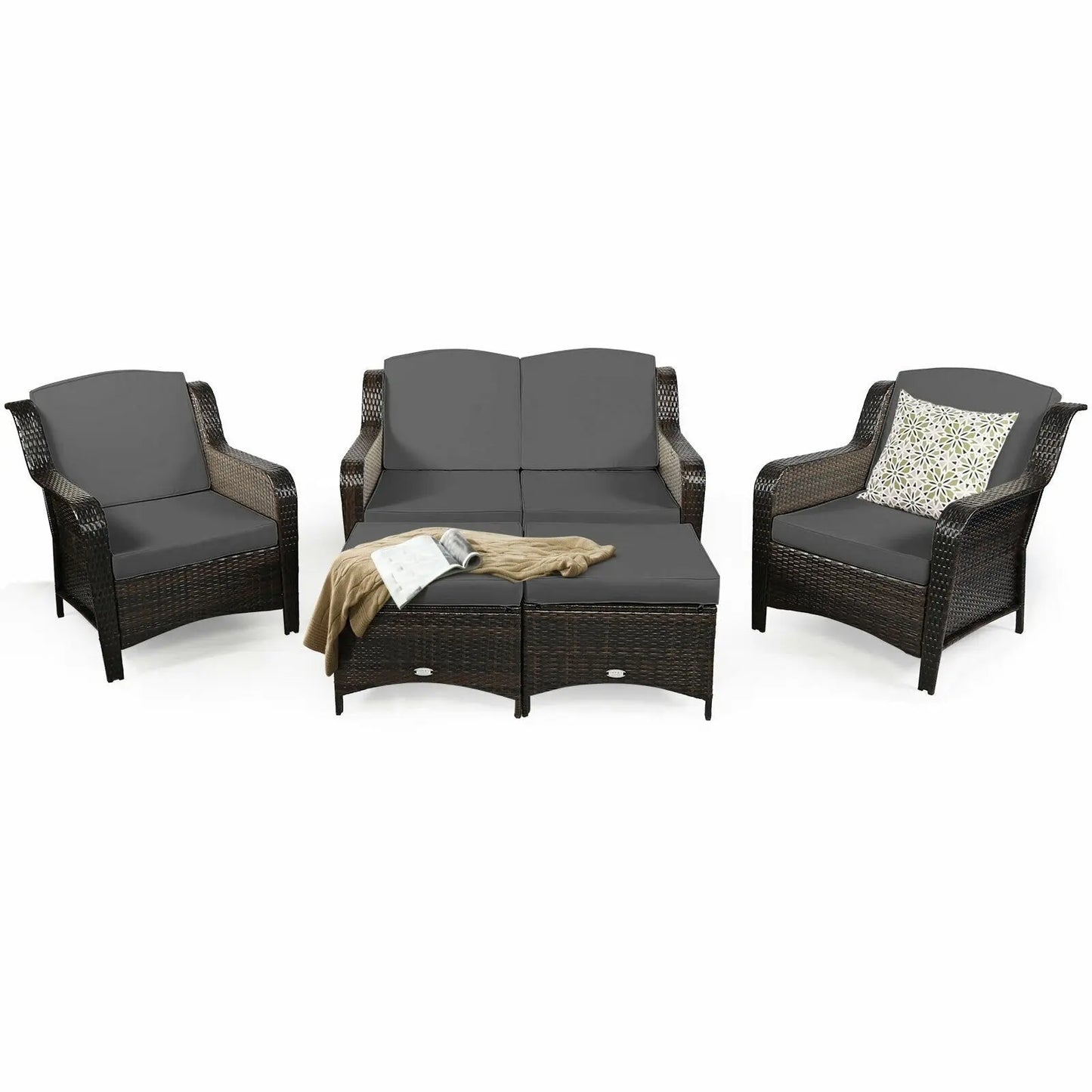 5 Pieces Patio Rattan Sofa Set with Cushion and Ottoman-Black Direct by Wilsons Home Store