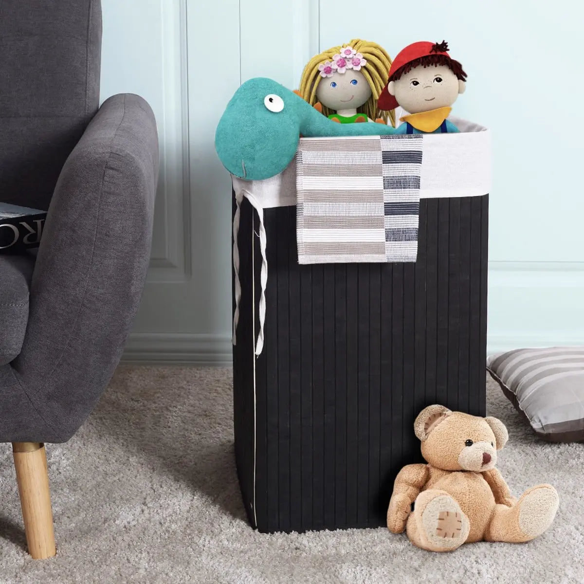 Corner Bamboo Hamper Laundry Basket with Lid and Removable Liner-Black Direct by Wilsons Home Store