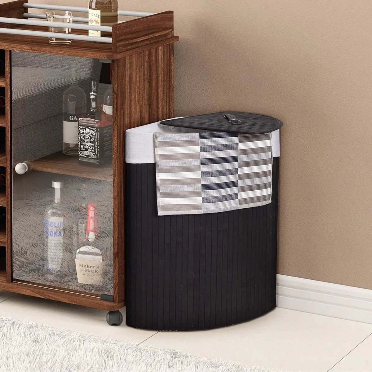 Corner Bamboo Hamper Laundry Basket with Lid and Removable Liner-Black Direct by Wilsons Home Store