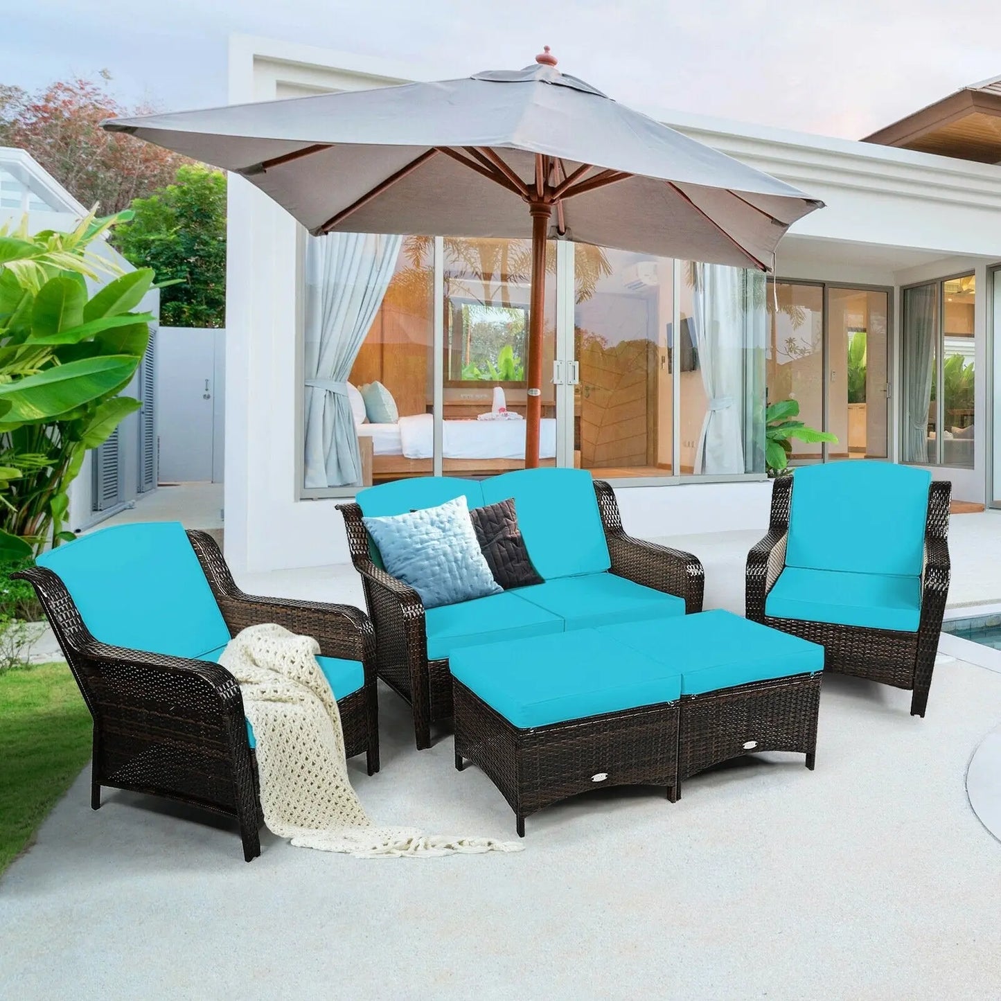 5 Pieces Patio Rattan Sofa Set with Cushion and Ottoman-Black Direct by Wilsons Home Store