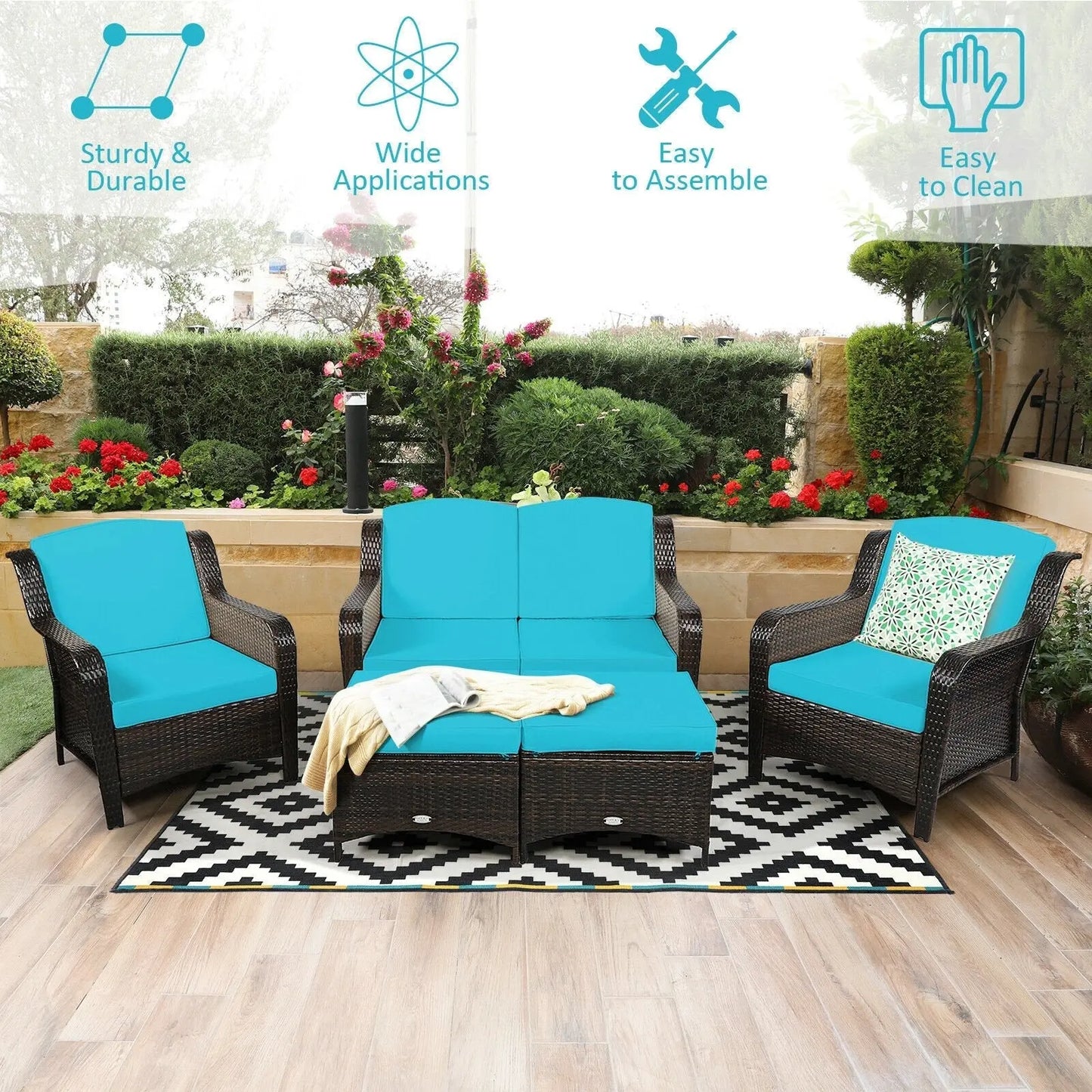 5 Pieces Patio Rattan Sofa Set with Cushion and Ottoman-Black Direct by Wilsons Home Store