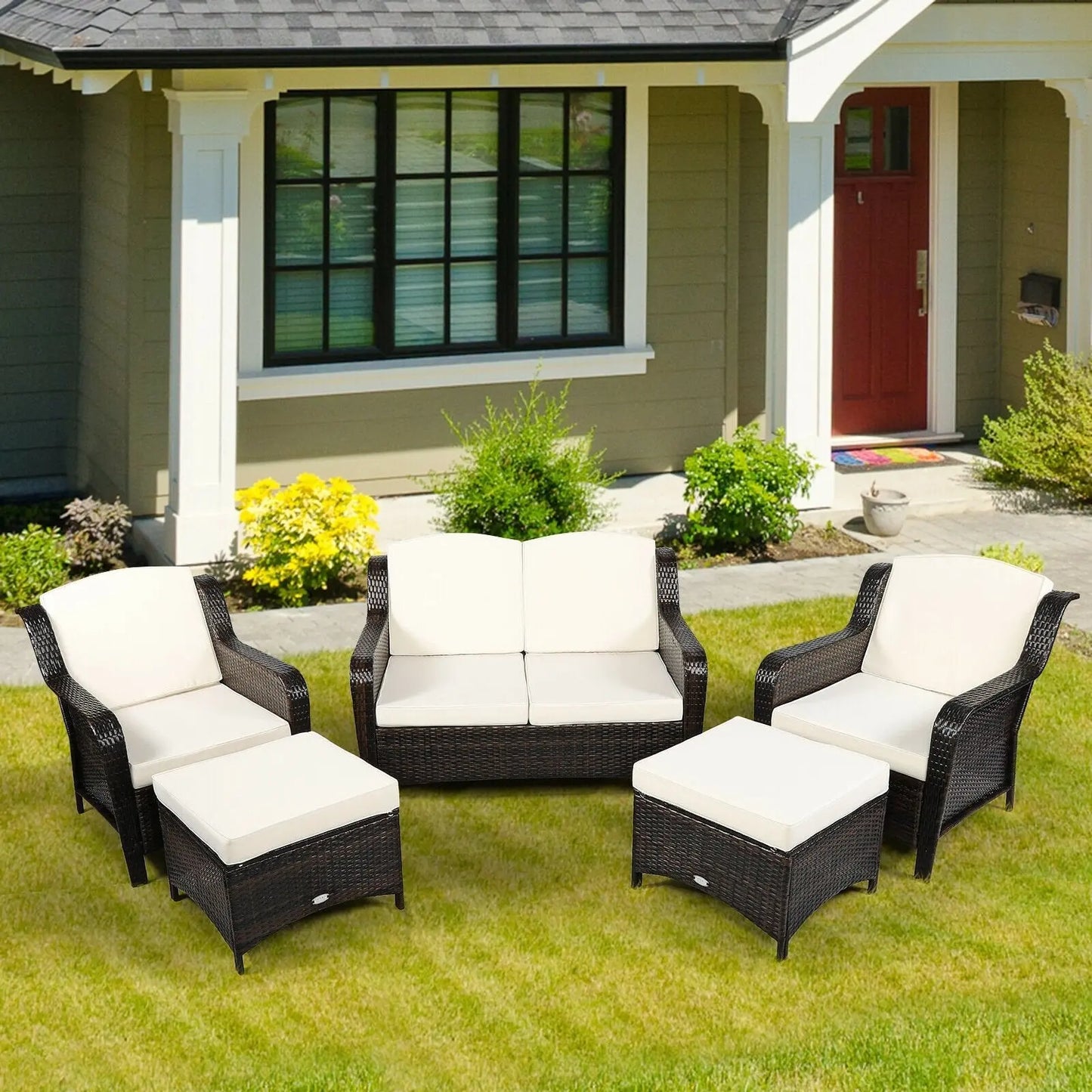 5 Pieces Patio Rattan Sofa Set with Cushion and Ottoman-Black Direct by Wilsons Home Store