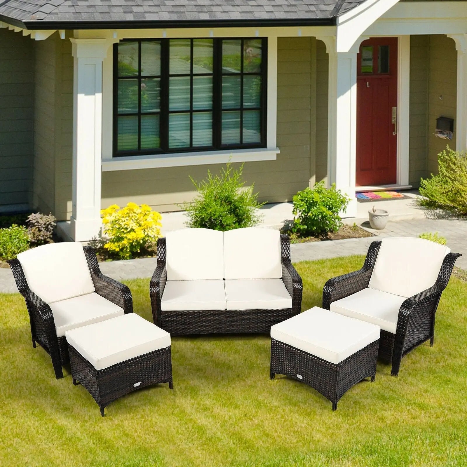 5 Pieces Patio Rattan Sofa Set with Cushion and Ottoman-Black Direct by Wilsons Home Store