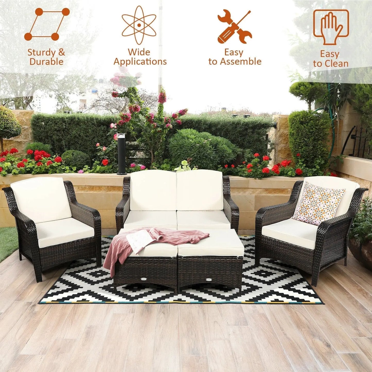 5 Pieces Patio Rattan Sofa Set with Cushion and Ottoman-Black Direct by Wilsons Home Store