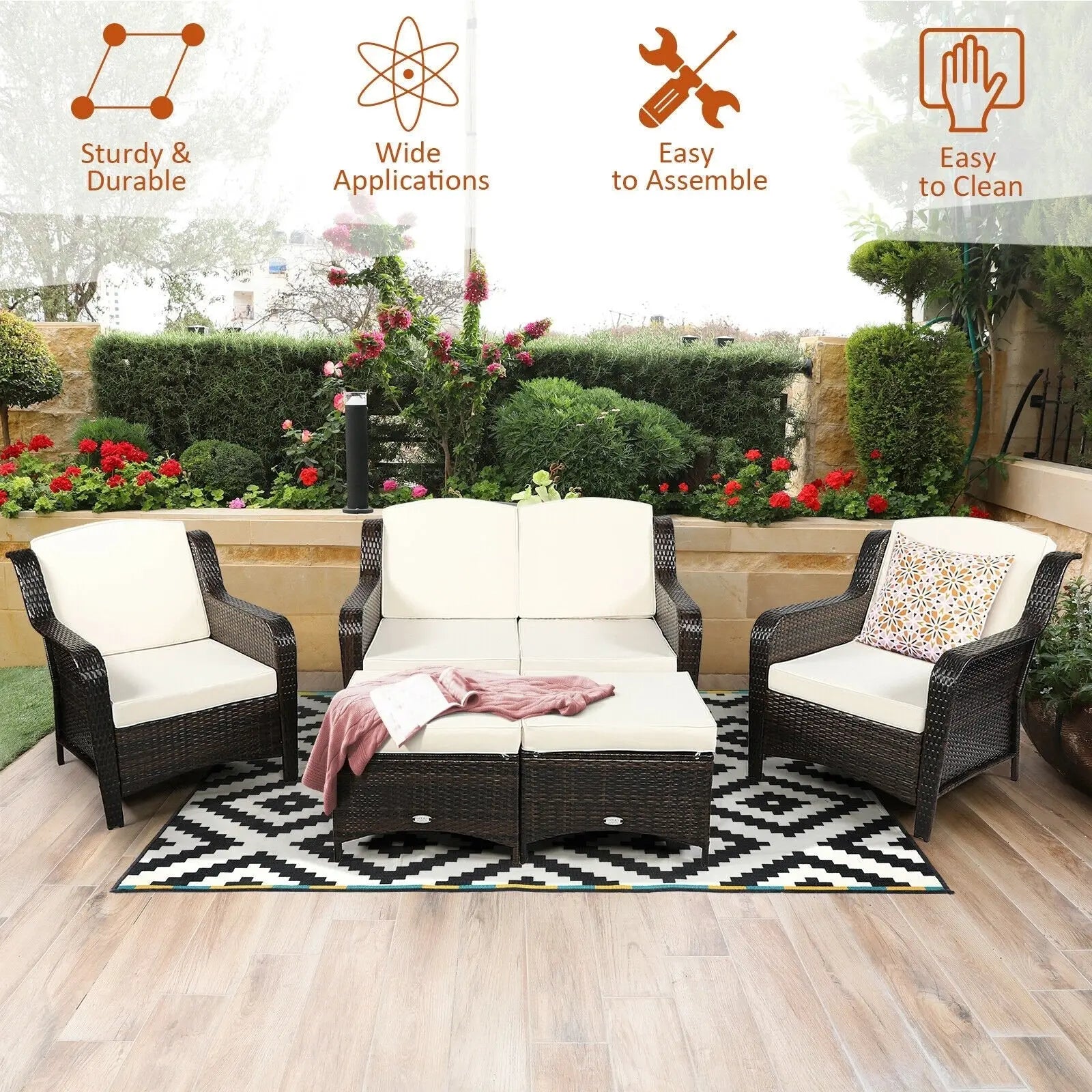 5 Pieces Patio Rattan Sofa Set with Cushion and Ottoman-Black Direct by Wilsons Home Store