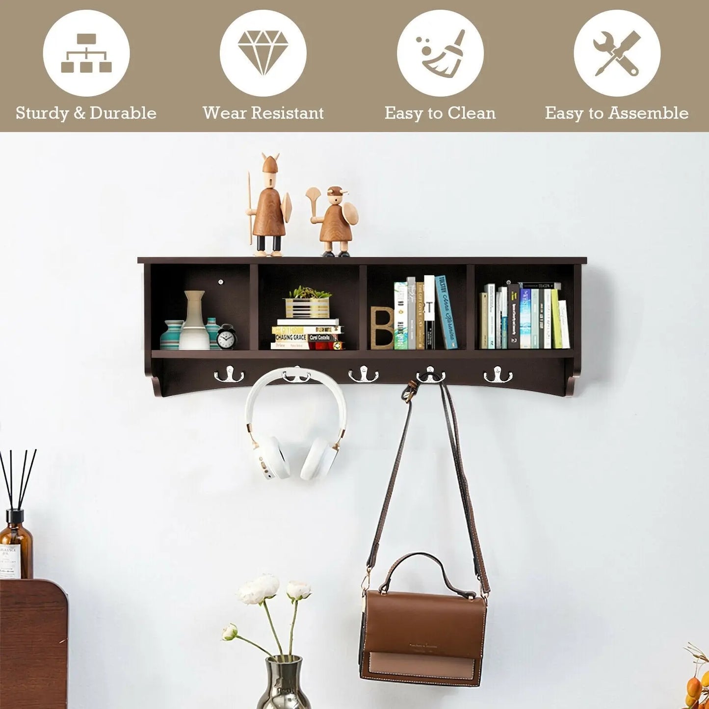 Hanging Entryway Shelf Coat Rack Wall Mounted Storage Cabinets-Black Direct by Wilsons Home Store