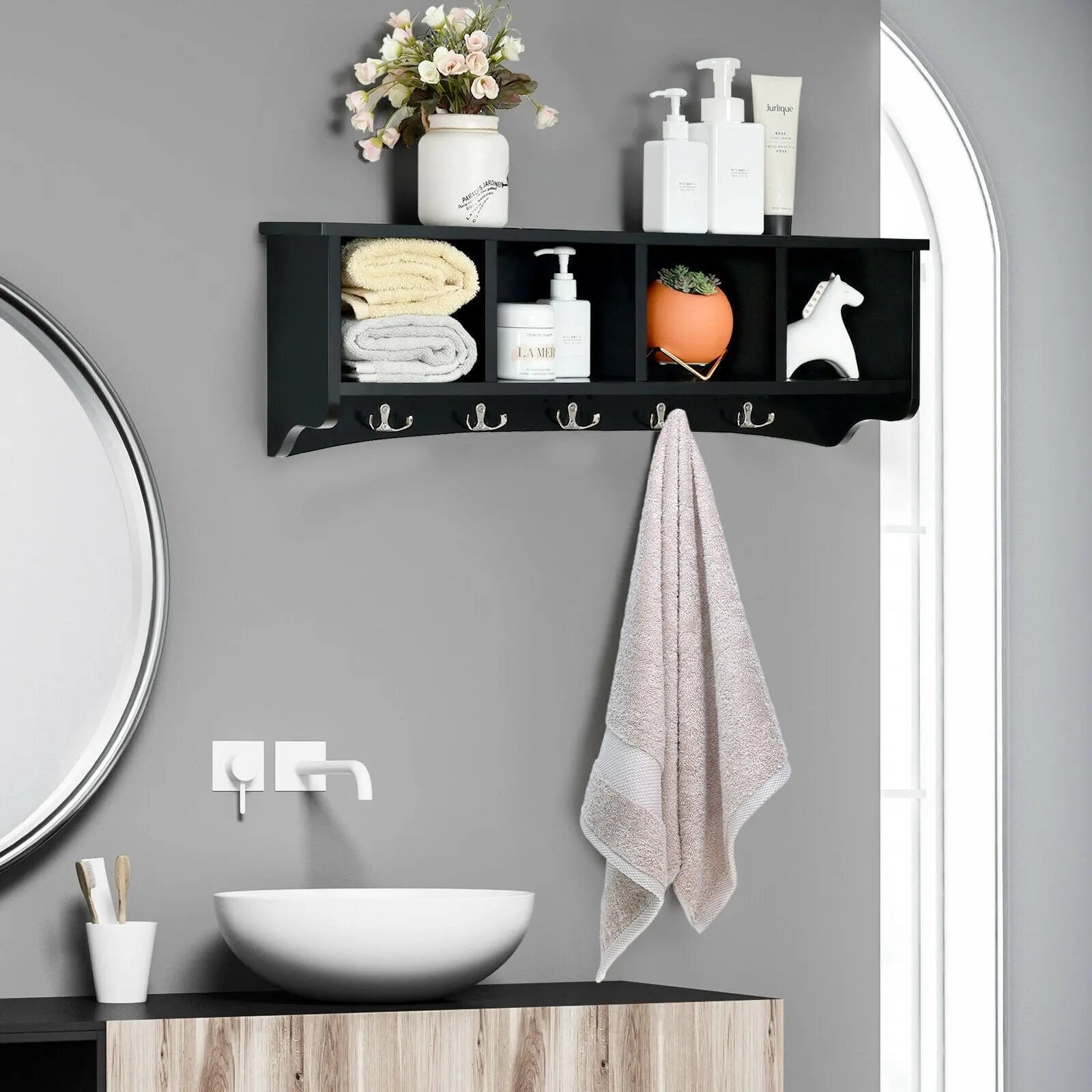 Hanging Entryway Shelf Coat Rack Wall Mounted Storage Cabinets-Black Direct by Wilsons Home Store