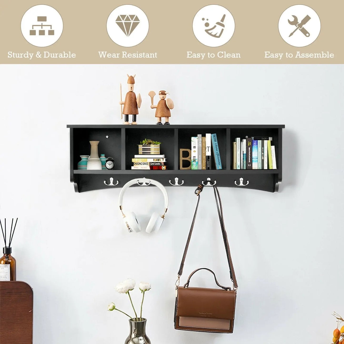 Hanging Entryway Shelf Coat Rack Wall Mounted Storage Cabinets-Black Direct by Wilsons Home Store