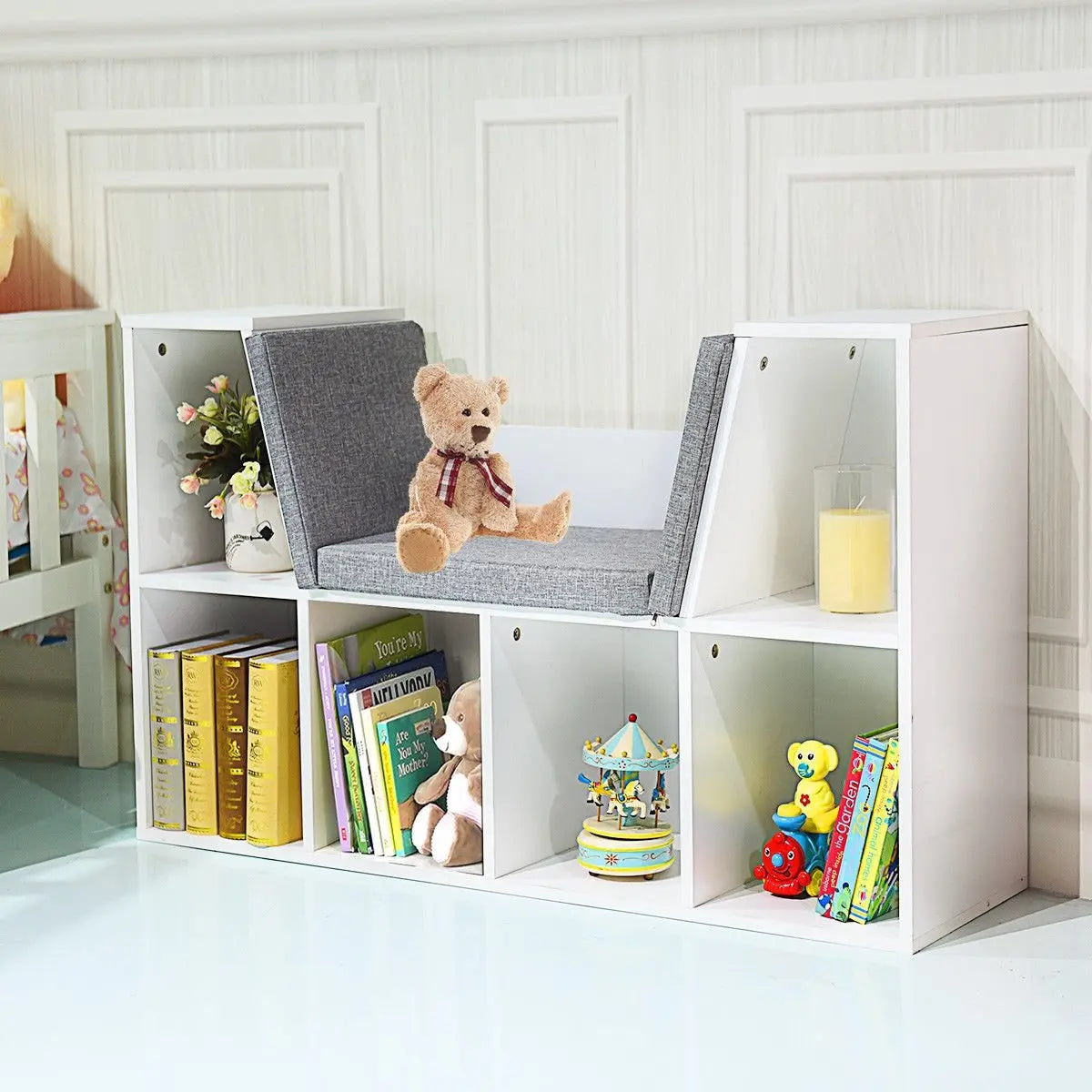 6-Cubby Kid Storage Bookcase Cushioned Reading Nook-Brown Direct by Wilsons Home Store