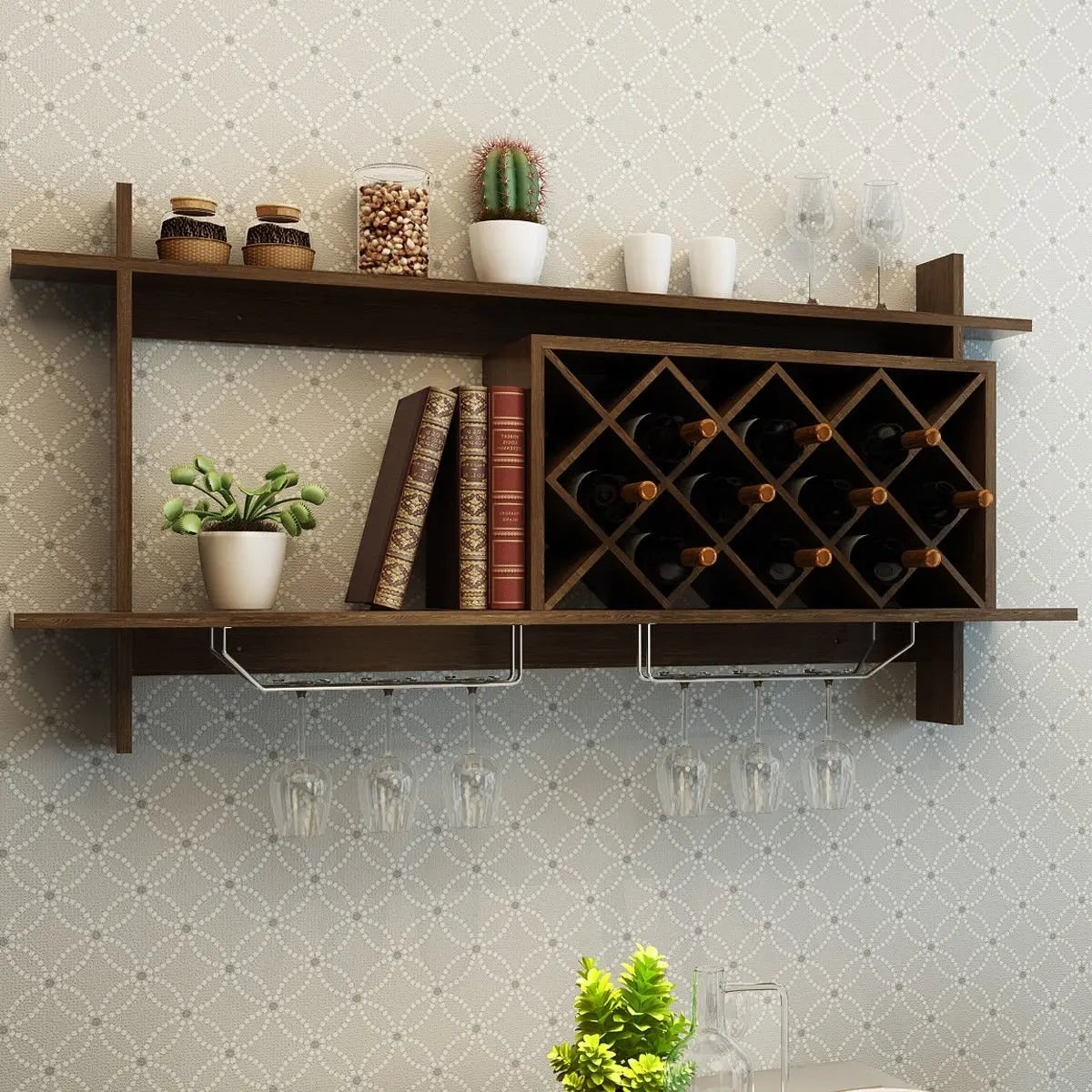 Wall Mount Wine Rack with Glass Holder & Storage Shelf-Walnut Direct by Wilsons Home Store