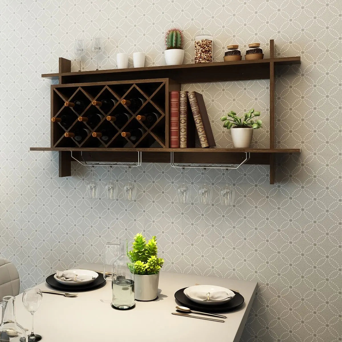Wall Mount Wine Rack with Glass Holder & Storage Shelf-Walnut Direct by Wilsons Home Store