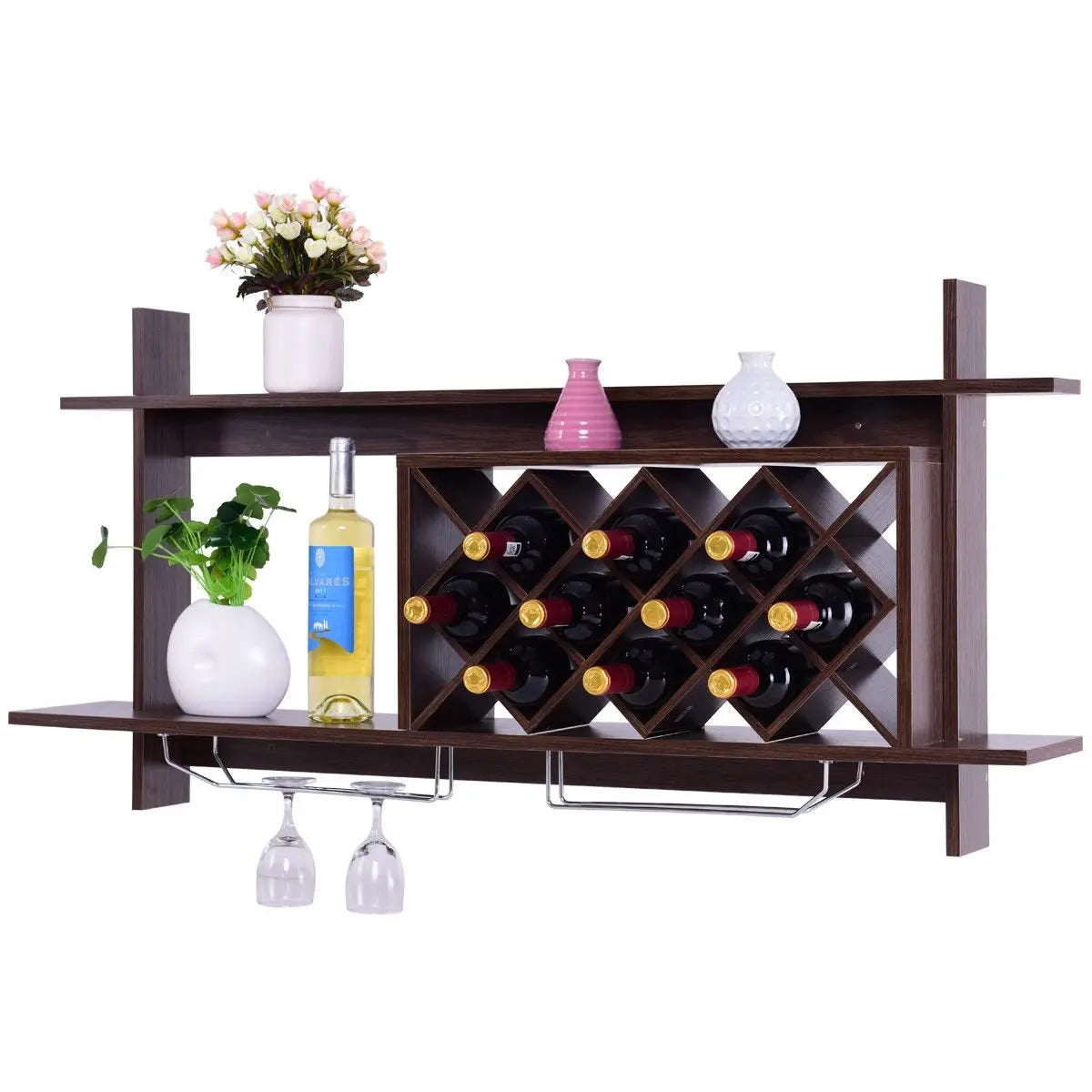 Wall Mount Wine Rack with Glass Holder & Storage Shelf-Walnut Direct by Wilsons Home Store