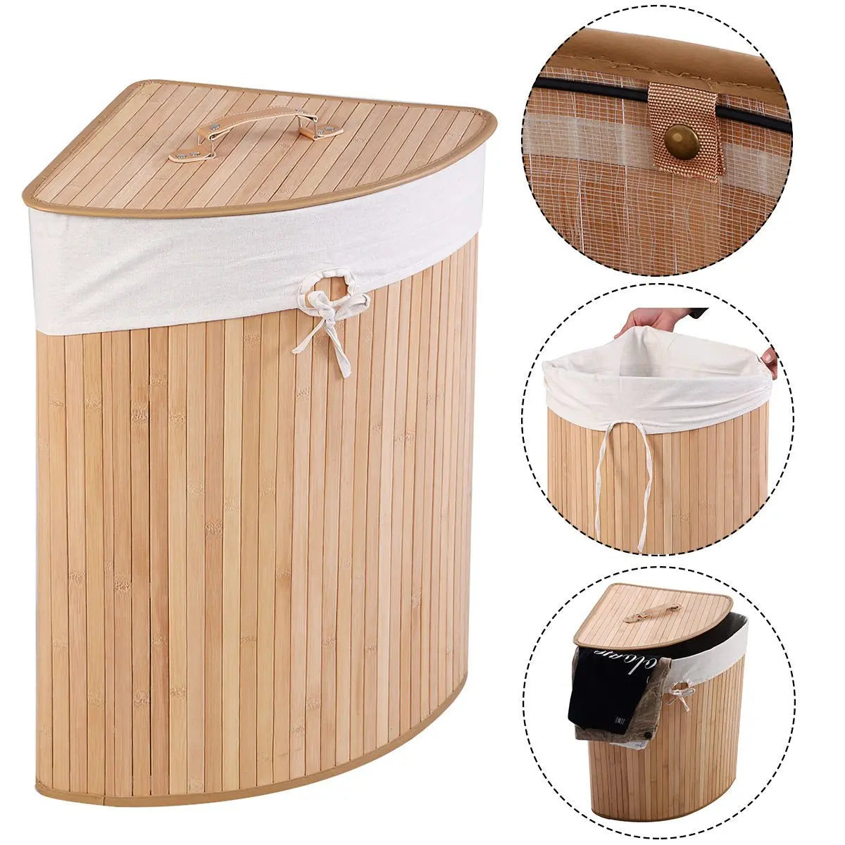 Corner Bamboo Hamper Laundry Basket with Lid and Removable Liner-Black Direct by Wilsons Home Store