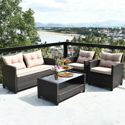 4 Pieces Outdoor Rattan Armrest Furniture Set Table with Lower Shelf-Beige Direct by Wilsons Home Store