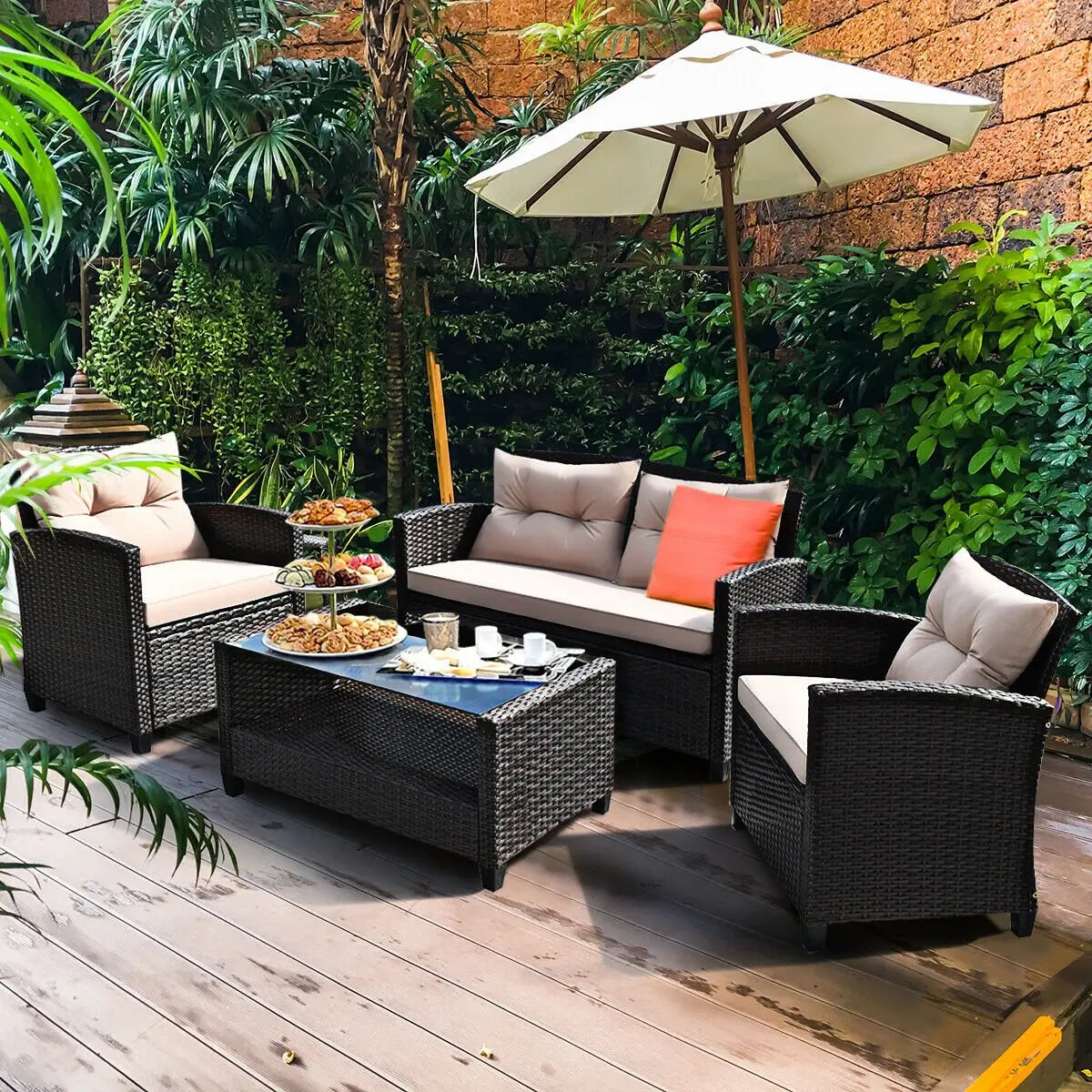 4 Pieces Outdoor Rattan Armrest Furniture Set Table with Lower Shelf-Beige Direct by Wilsons Home Store