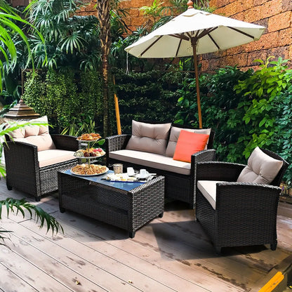4 Pieces Outdoor Rattan Armrest Furniture Set Table with Lower Shelf-Beige Direct by Wilsons Home Store