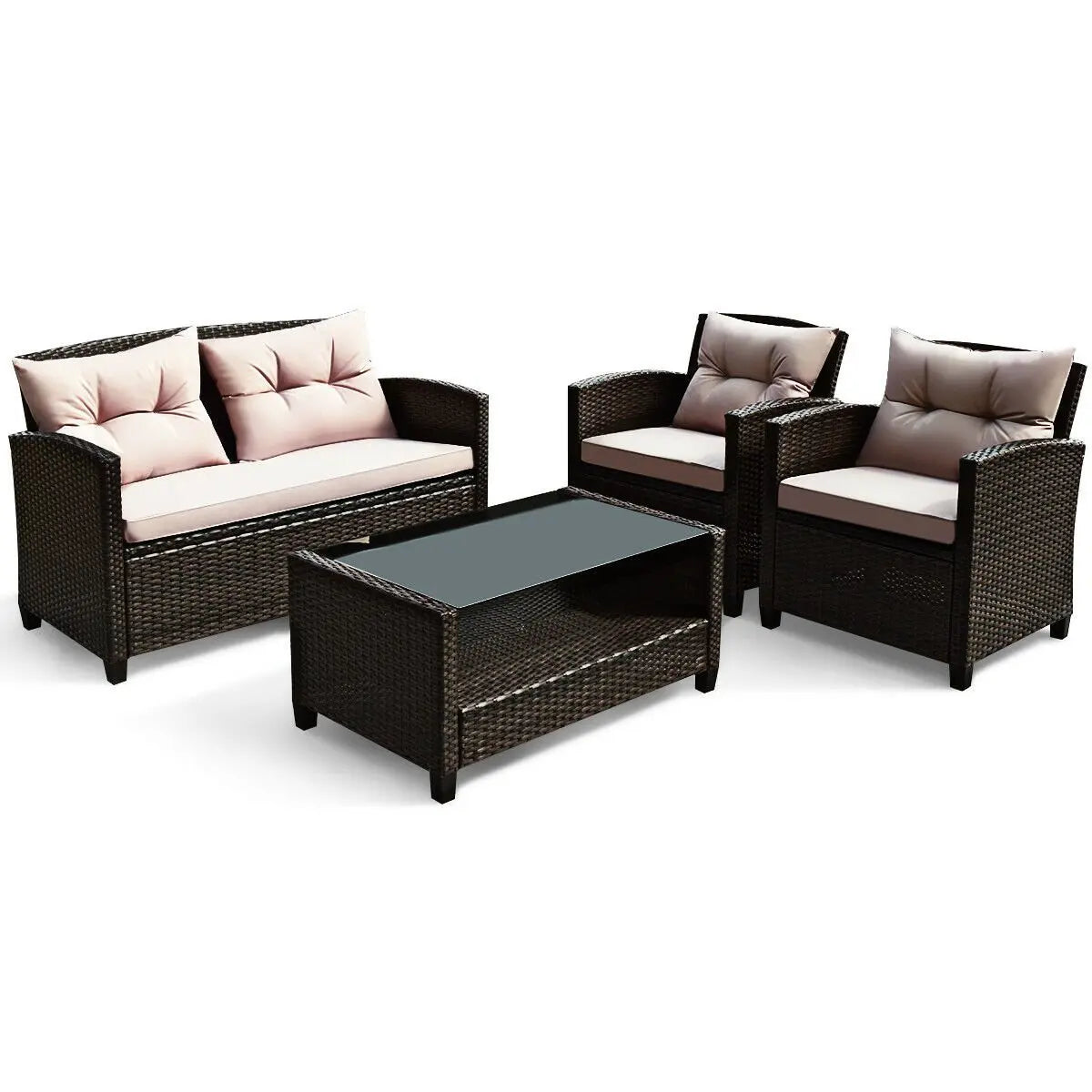4 Pieces Outdoor Rattan Armrest Furniture Set Table with Lower Shelf-Beige Direct by Wilsons Home Store