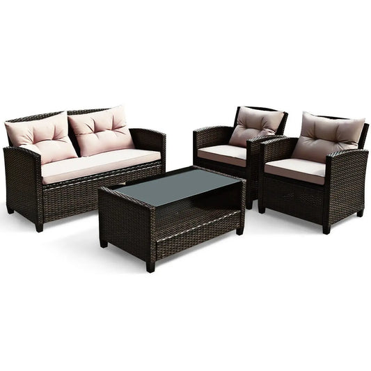 4 Pieces Outdoor Rattan Armrest Furniture Set Table with Lower Shelf-Beige Direct by Wilsons Home Store