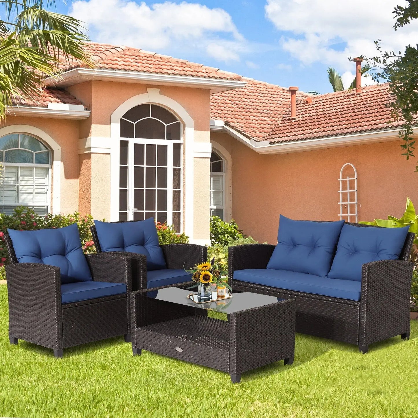 4 Pieces Outdoor Rattan Armrest Furniture Set Table with Lower Shelf-Beige Direct by Wilsons Home Store