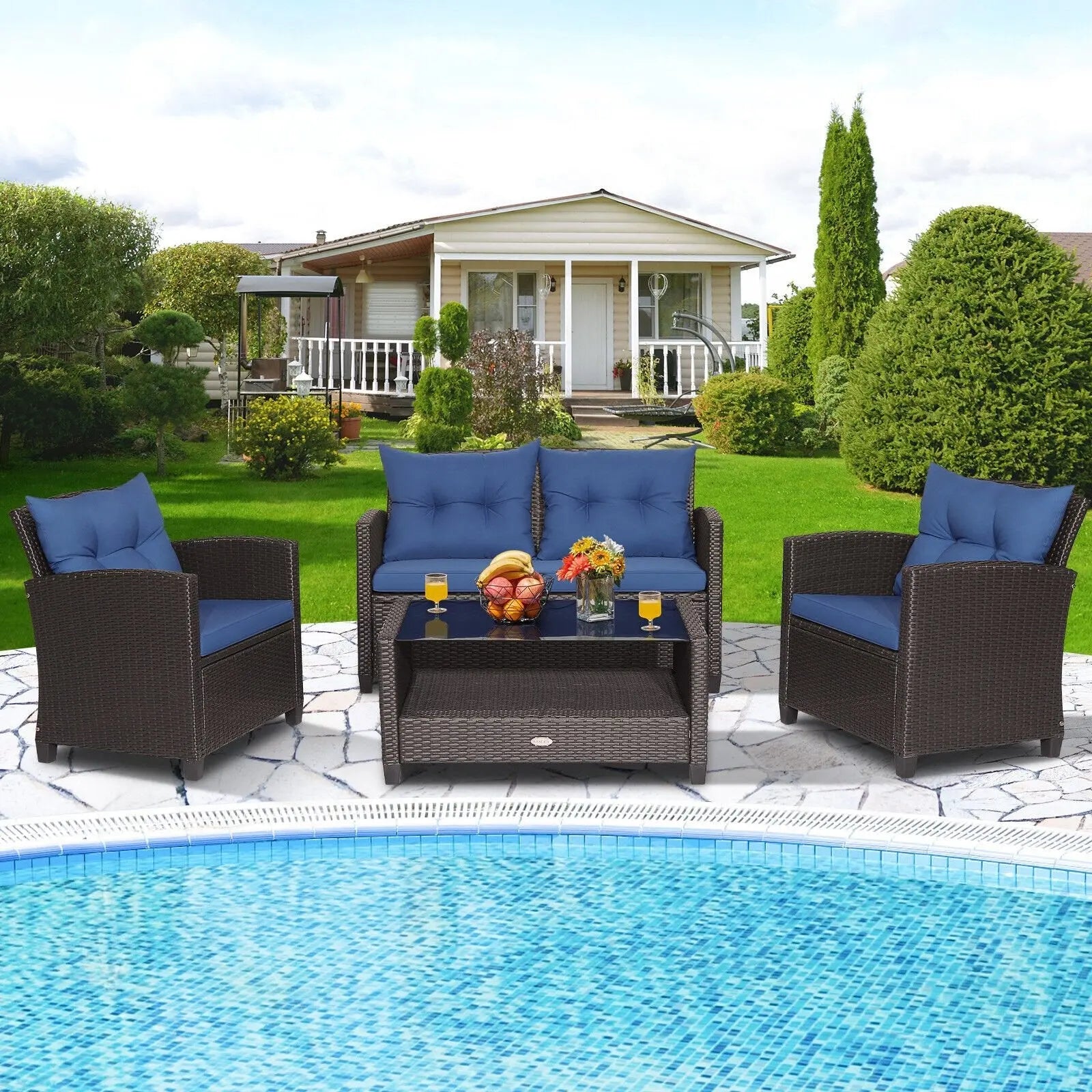 4 Pieces Outdoor Rattan Armrest Furniture Set Table with Lower Shelf-Beige Direct by Wilsons Home Store