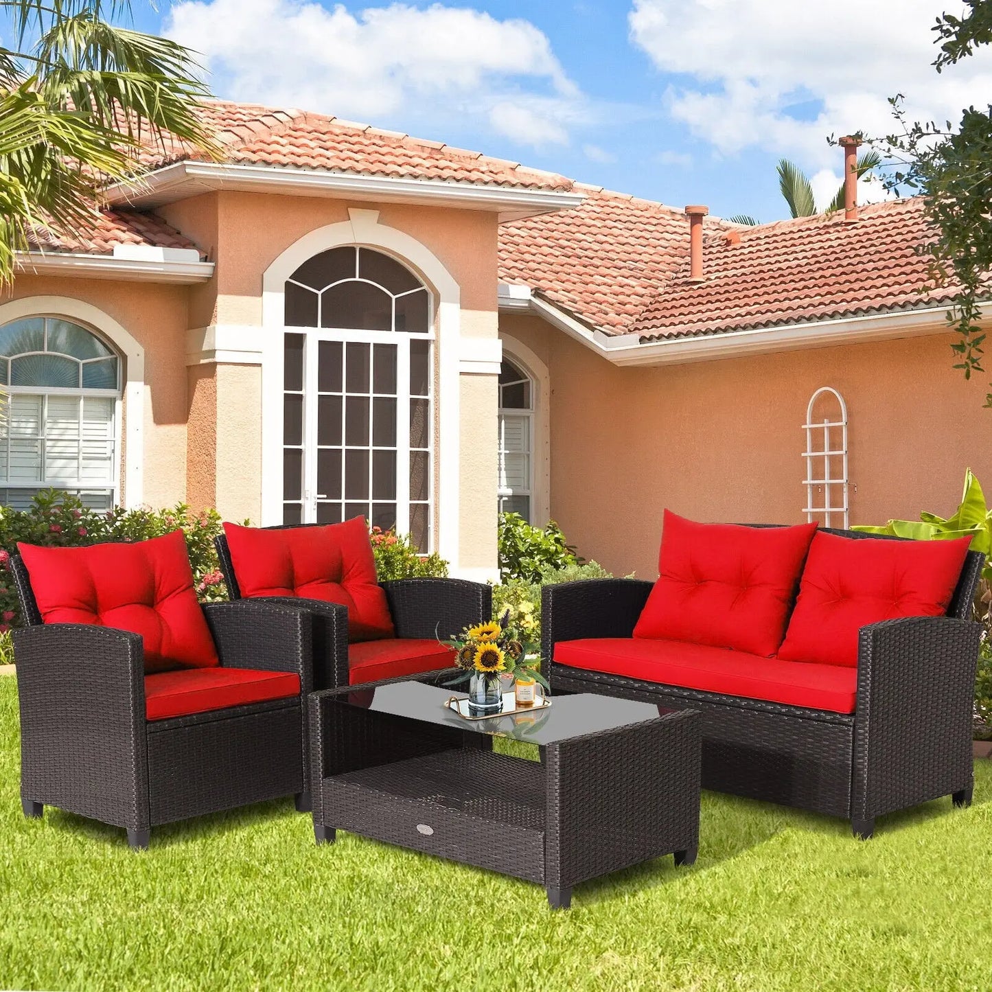 4 Pieces Outdoor Rattan Armrest Furniture Set Table with Lower Shelf-Beige Direct by Wilsons Home Store