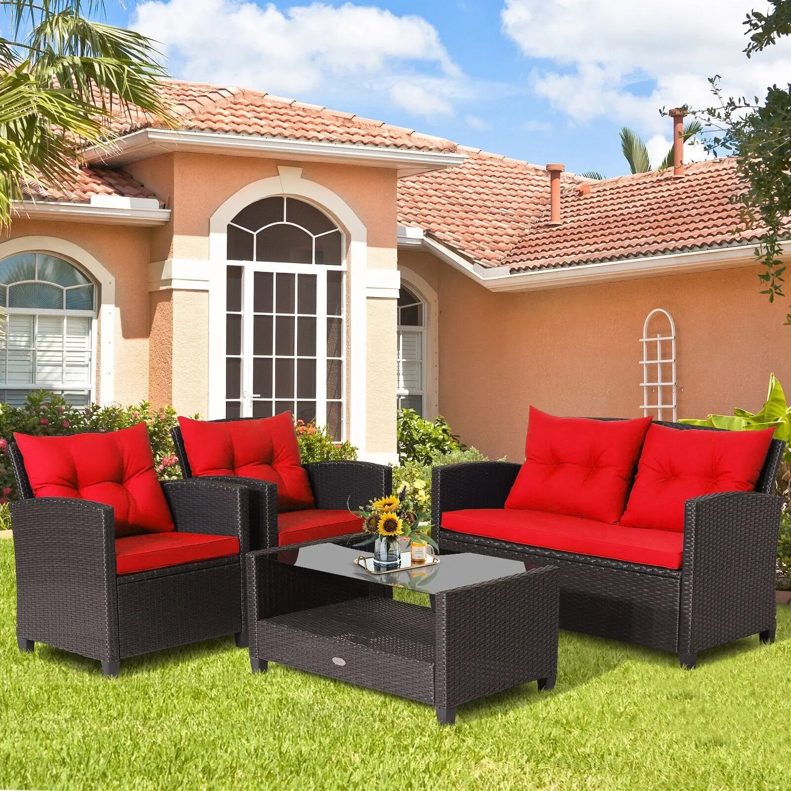 4 Pieces Outdoor Rattan Armrest Furniture Set Table with Lower Shelf-Beige Direct by Wilsons Home Store