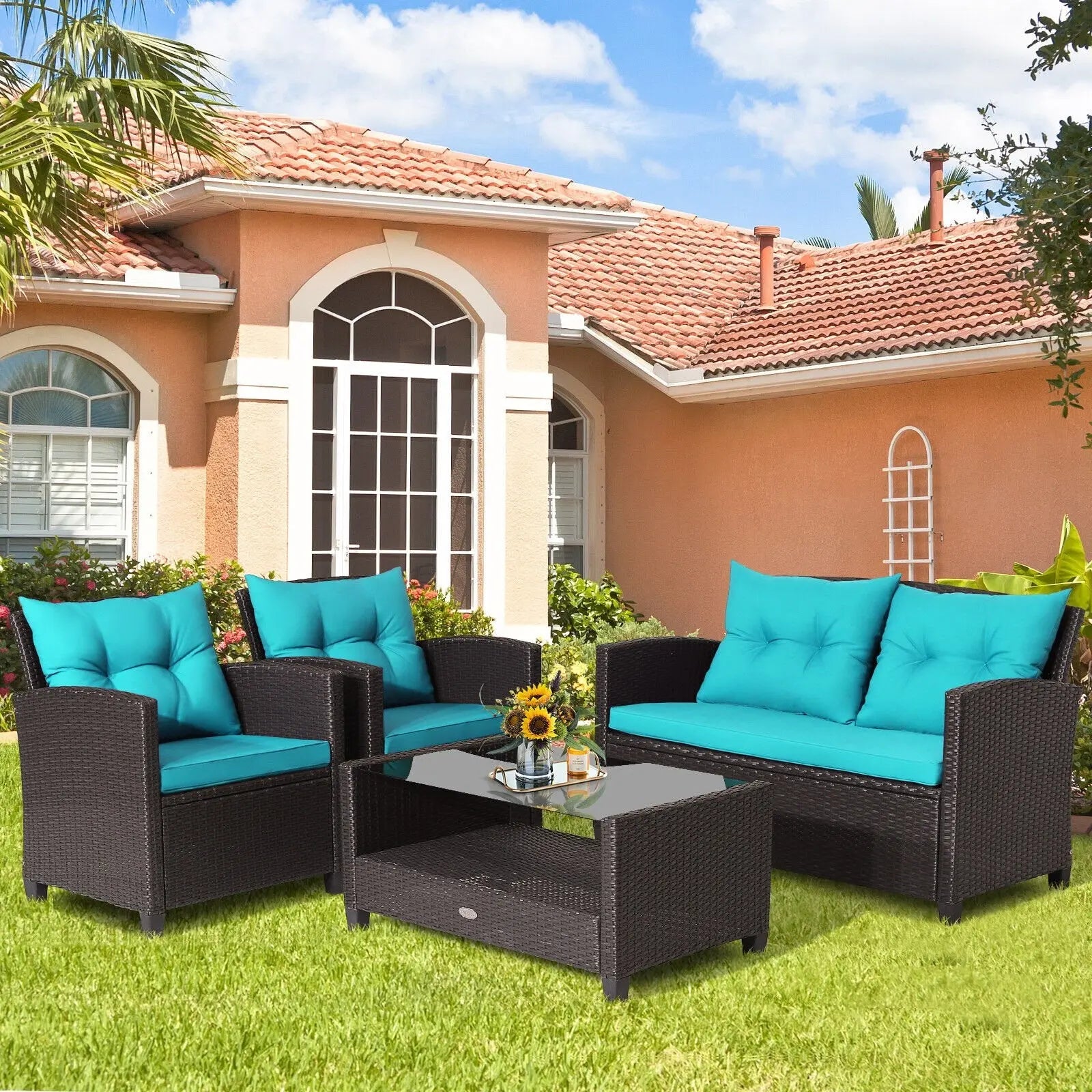 4 Pieces Outdoor Rattan Armrest Furniture Set Table with Lower Shelf-Beige Direct by Wilsons Home Store